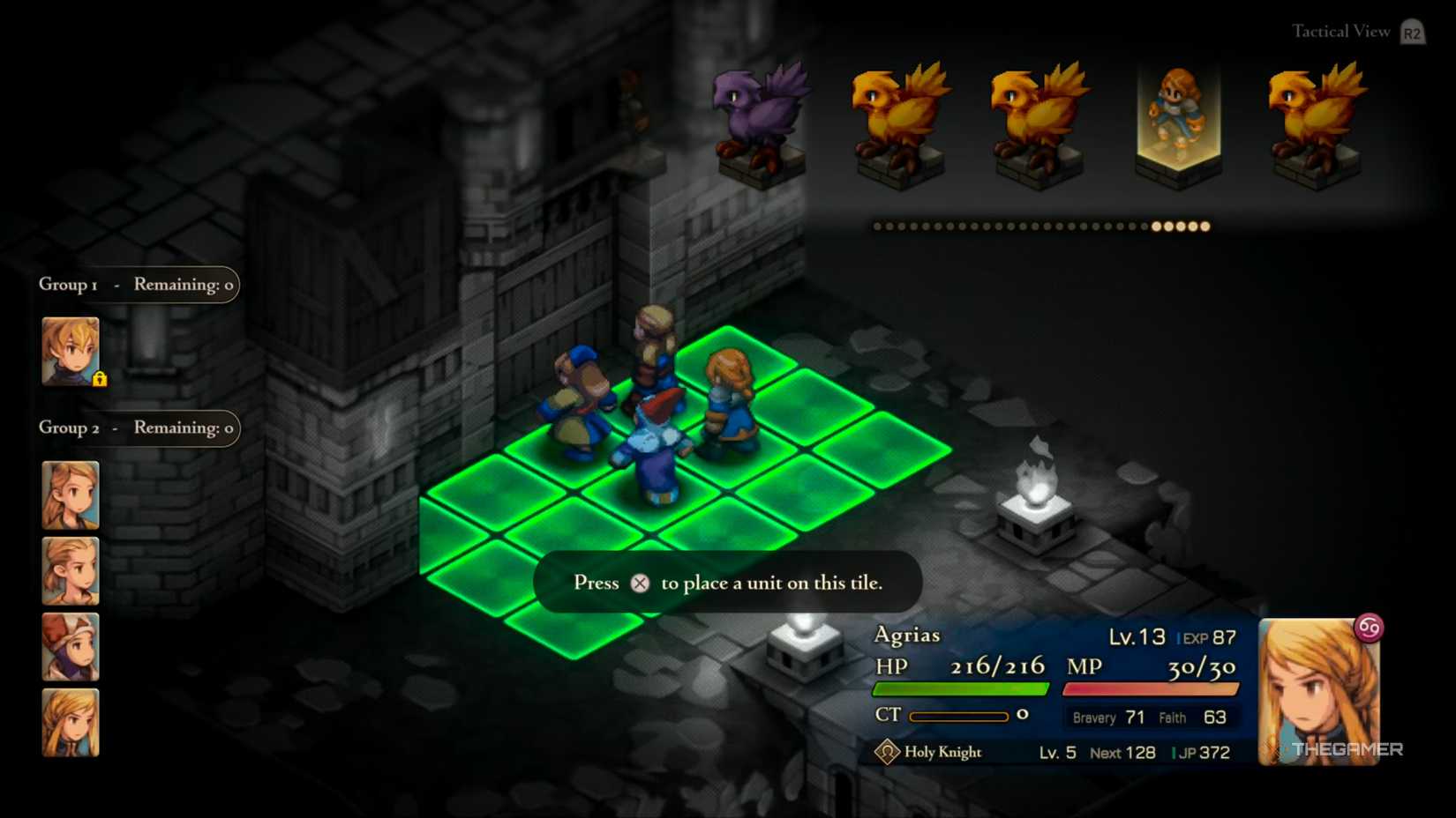 An overview of the Group 2 Formation for the Lionel Castle: Castle Gate mission in Final Fantasy Tactics: The Ivalice Chronicles.