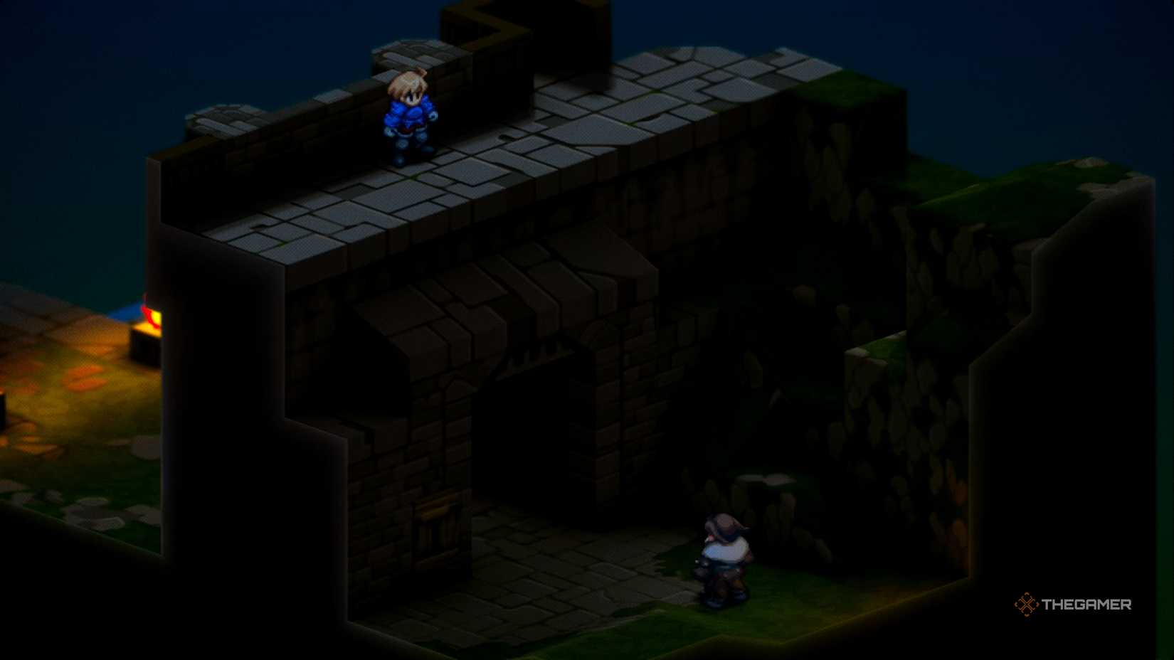 Ramza looking down at Gaffgarion from atop the Lionel Castle Gate Wall before the rest of his unit is ambushed outside in Final Fantasy Tactics: The Ivalice Chronicles.