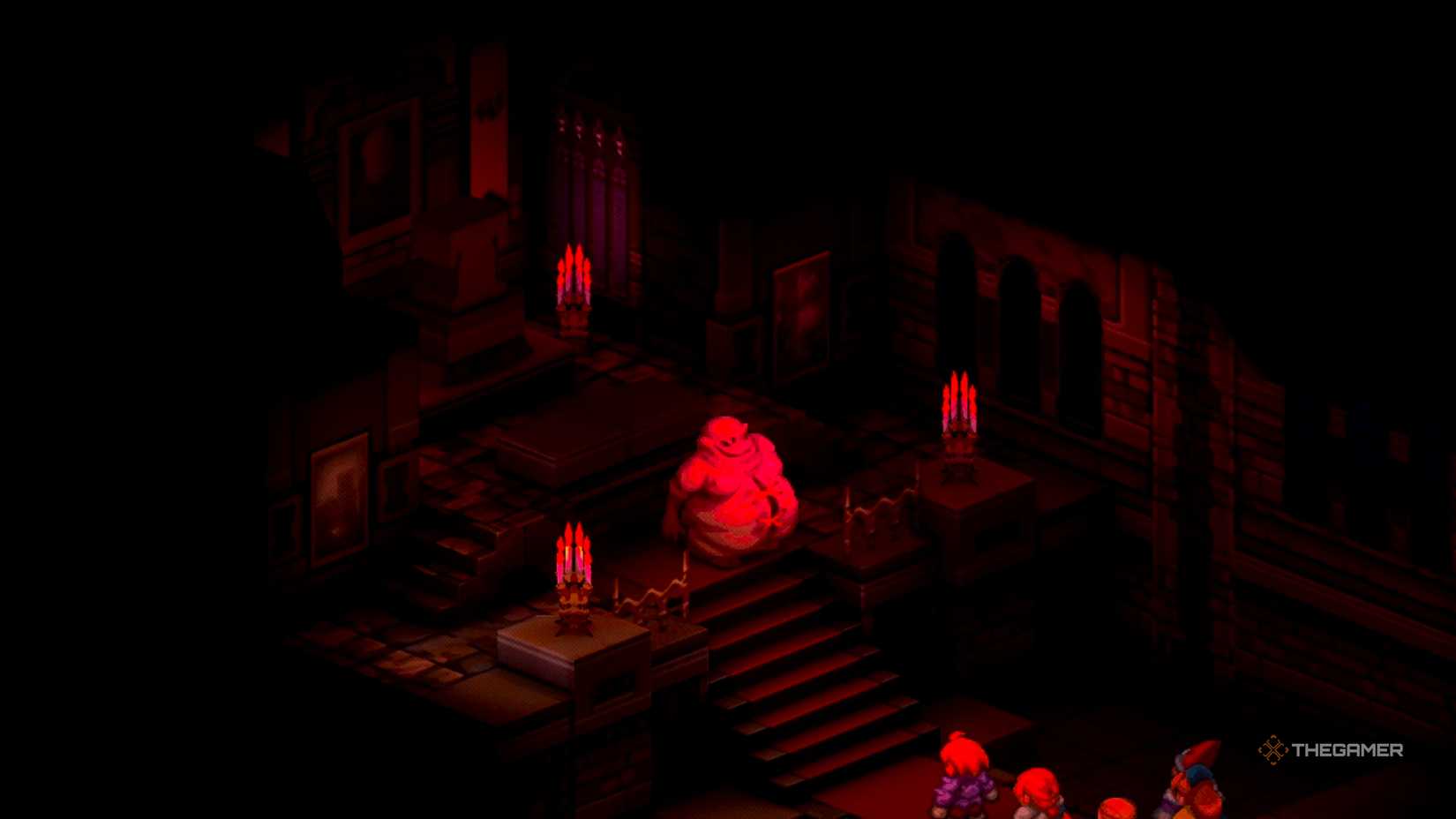 Cuchulain looking down at Ramza and his party, instilling terror in their souls in Final Fantasy Tactics: The Ivalice Chronicles.