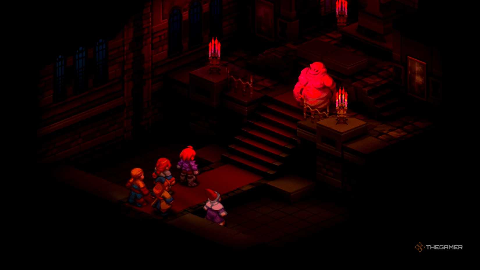 Ramza and his party looking up at Cuchulainn with complete terror in Final Fantasy Tactics: The Ivalice Chronicles.