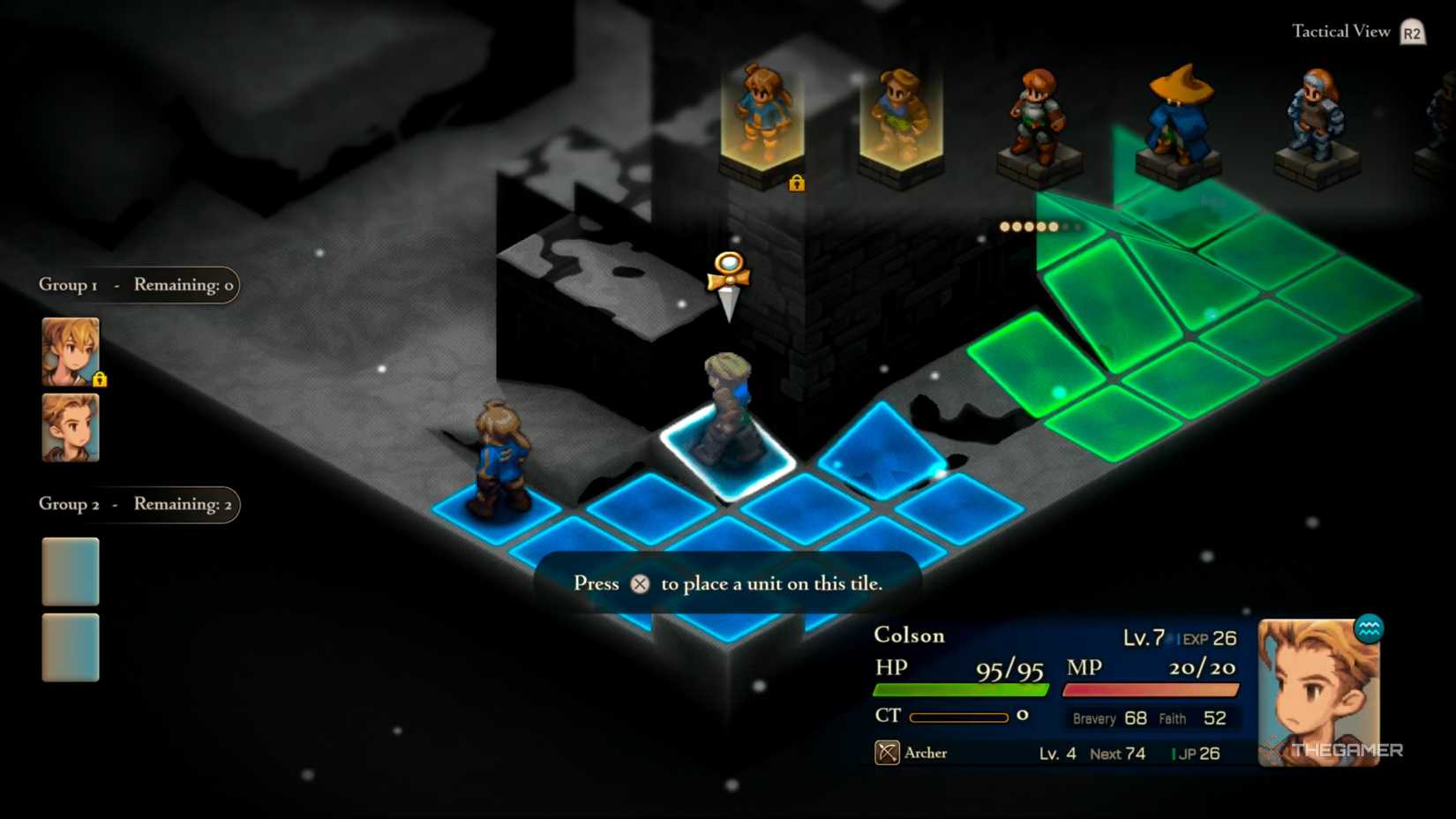 Placing the Archer on the sloped tile to give him a better vantage point at the start of the mission in the Ziekden Fortress mission in Final Fantasy Tactics: The Ivalice Chronicles.