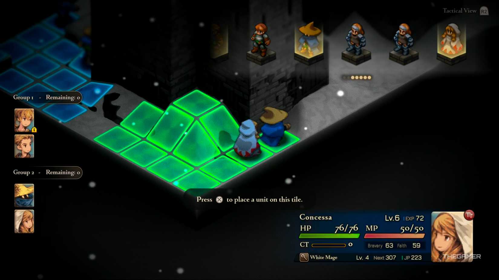 Placing the Black Mage and White Mage on the far east tiles to allow them to flank the enemy units easier in the Ziekden Fortress mission in Final Fantasy Tactics: The Ivalice Chronicles.