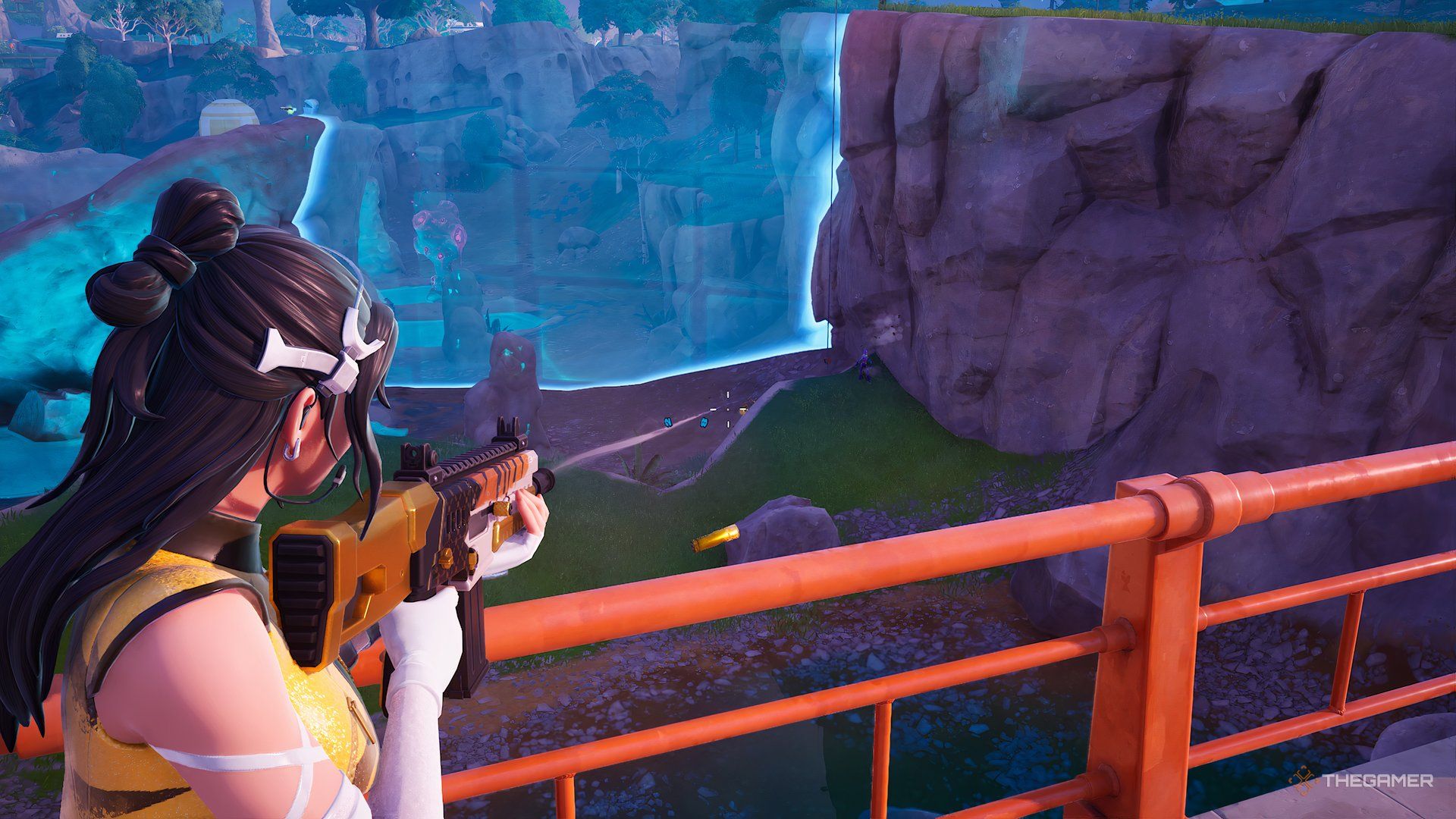 Fortnite Delulu Mode character shooting a player below. 