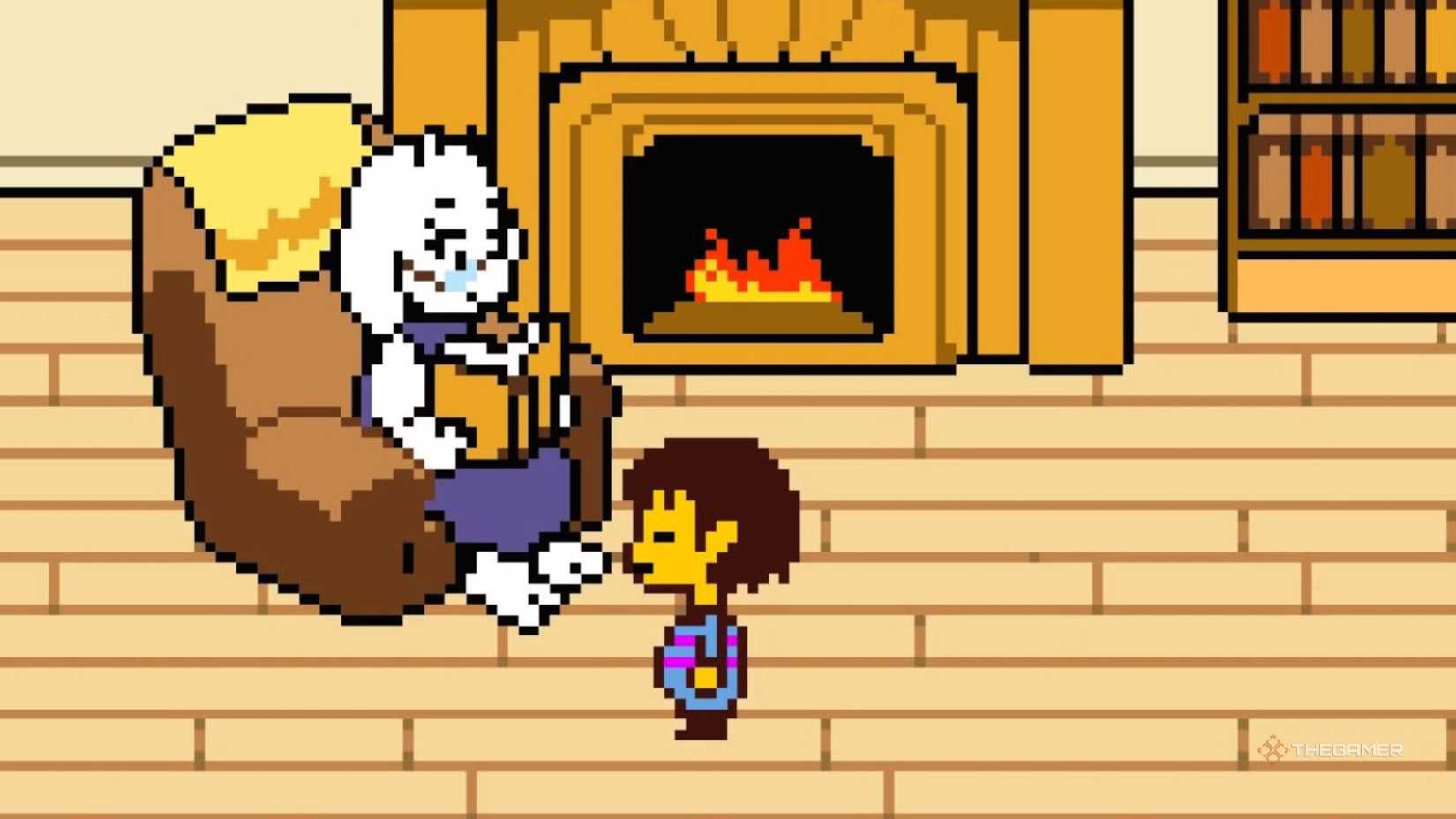 In Undertale, Frisk is standing next to Toriel, reading a book by a fire.