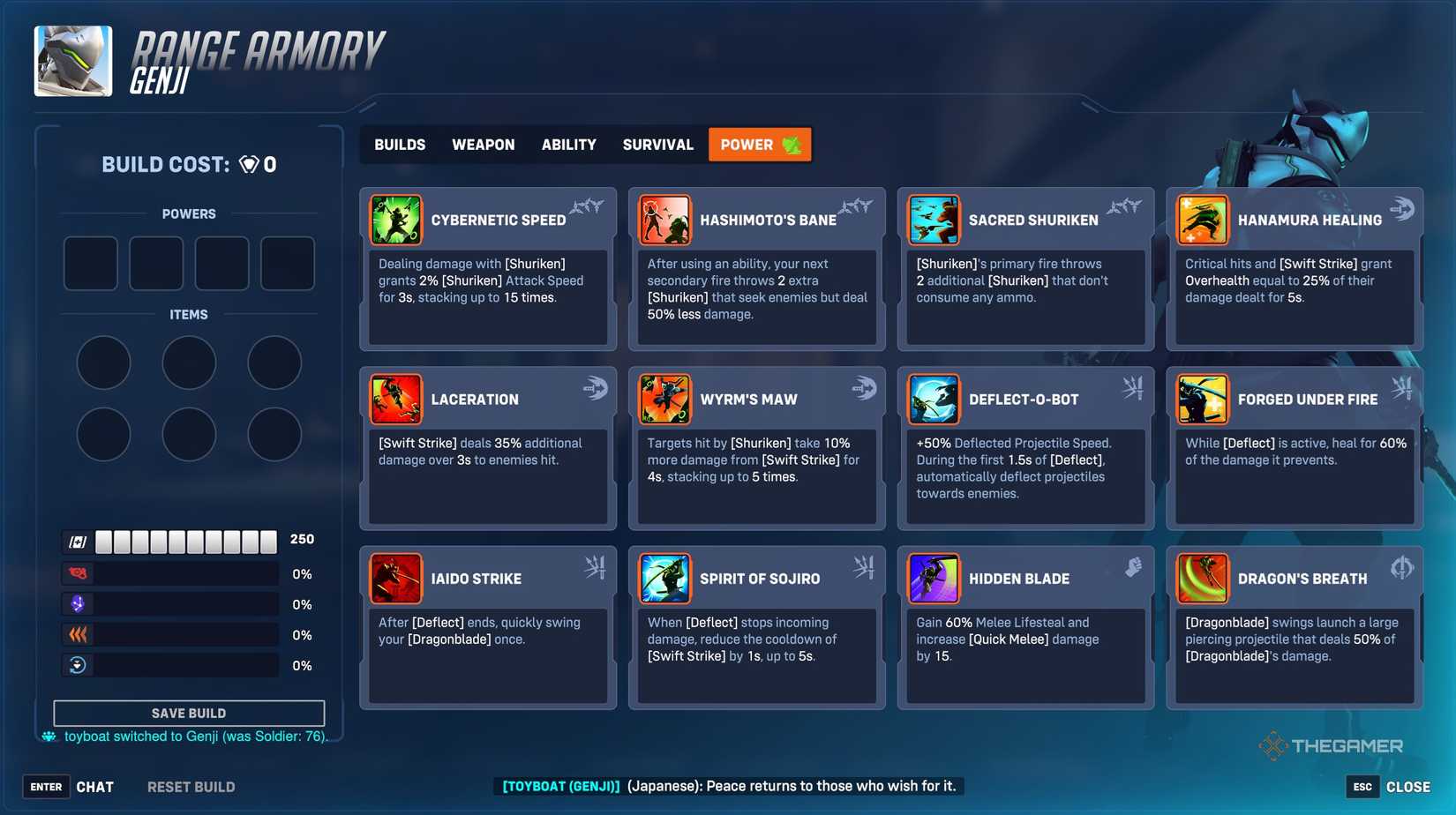 Genji selected on screen in the Stadium mode in Overwatch 2.