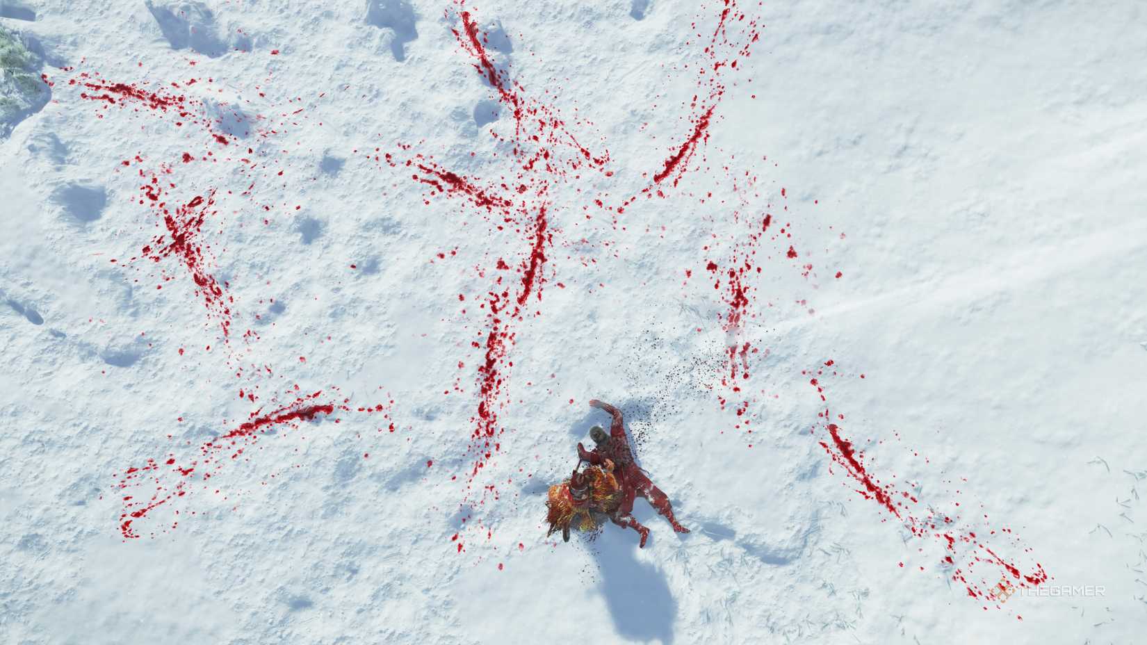 Astu surrounded by splatter in the snow in Ghost of Yotei