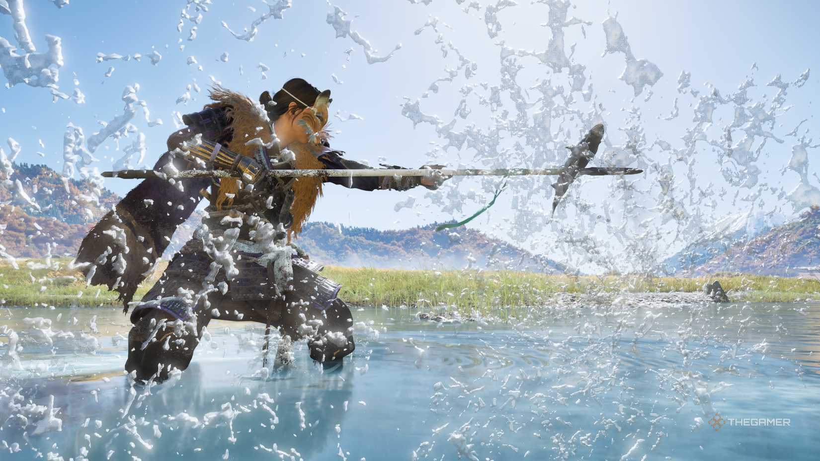 Atsu spearing a fish in Ghost of Yotei