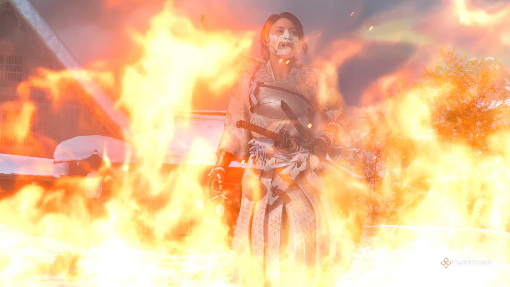 Atsu wearing the Onryo Mask in Ghost of Yotei