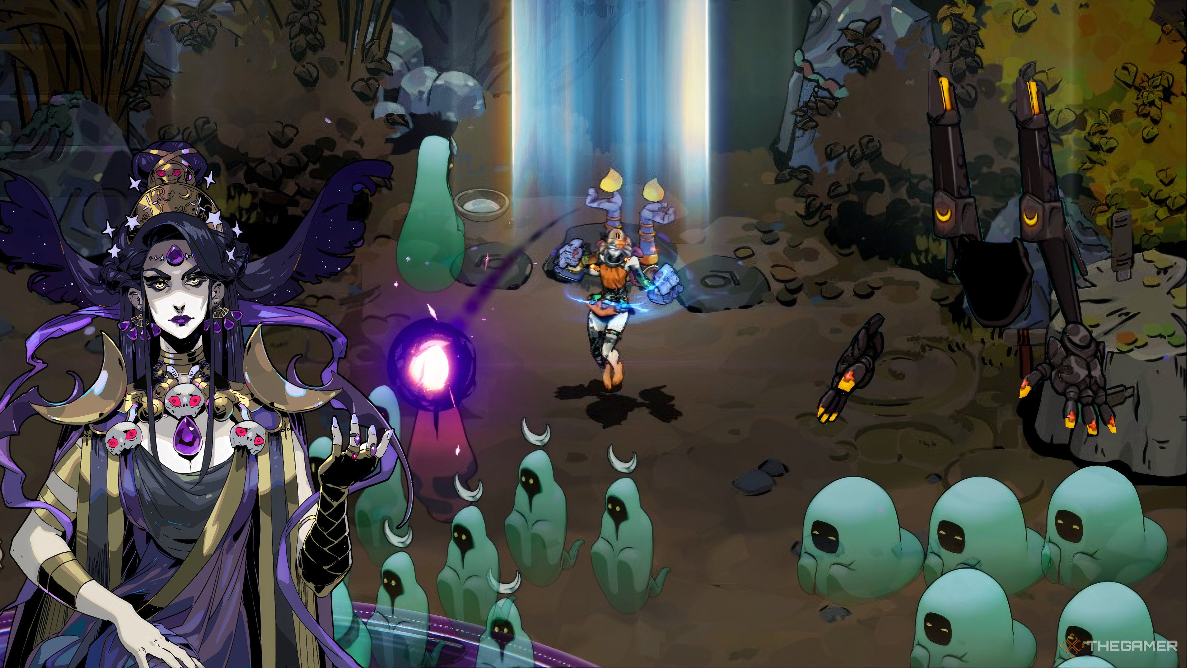 Melinoe uses the Black Coat Shiva aspect against Skelly in Hades 2 while framed by the coat and Nyx.