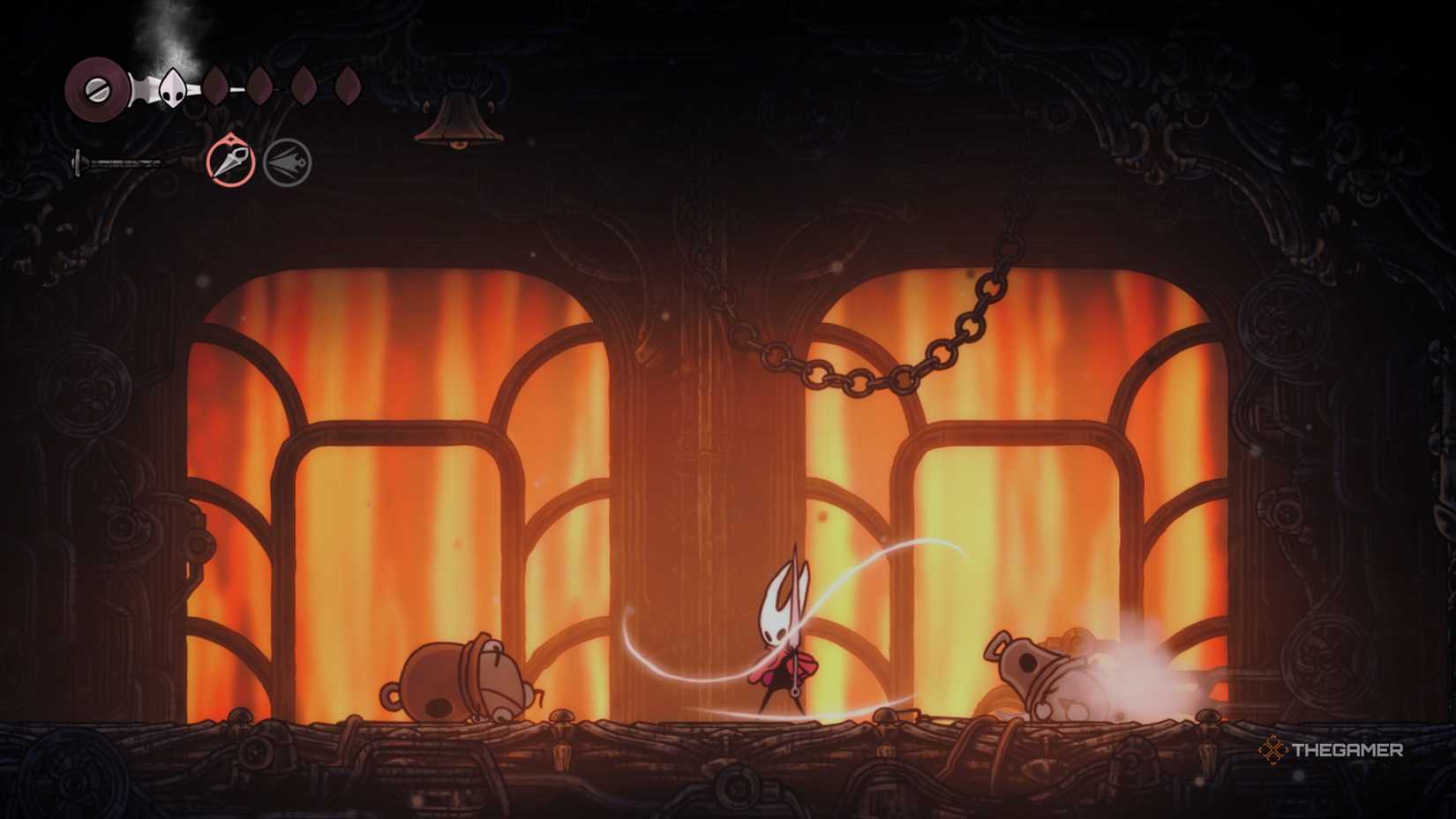 Hornet charging is Silksong while fighting two enemies of Hollow Knight.