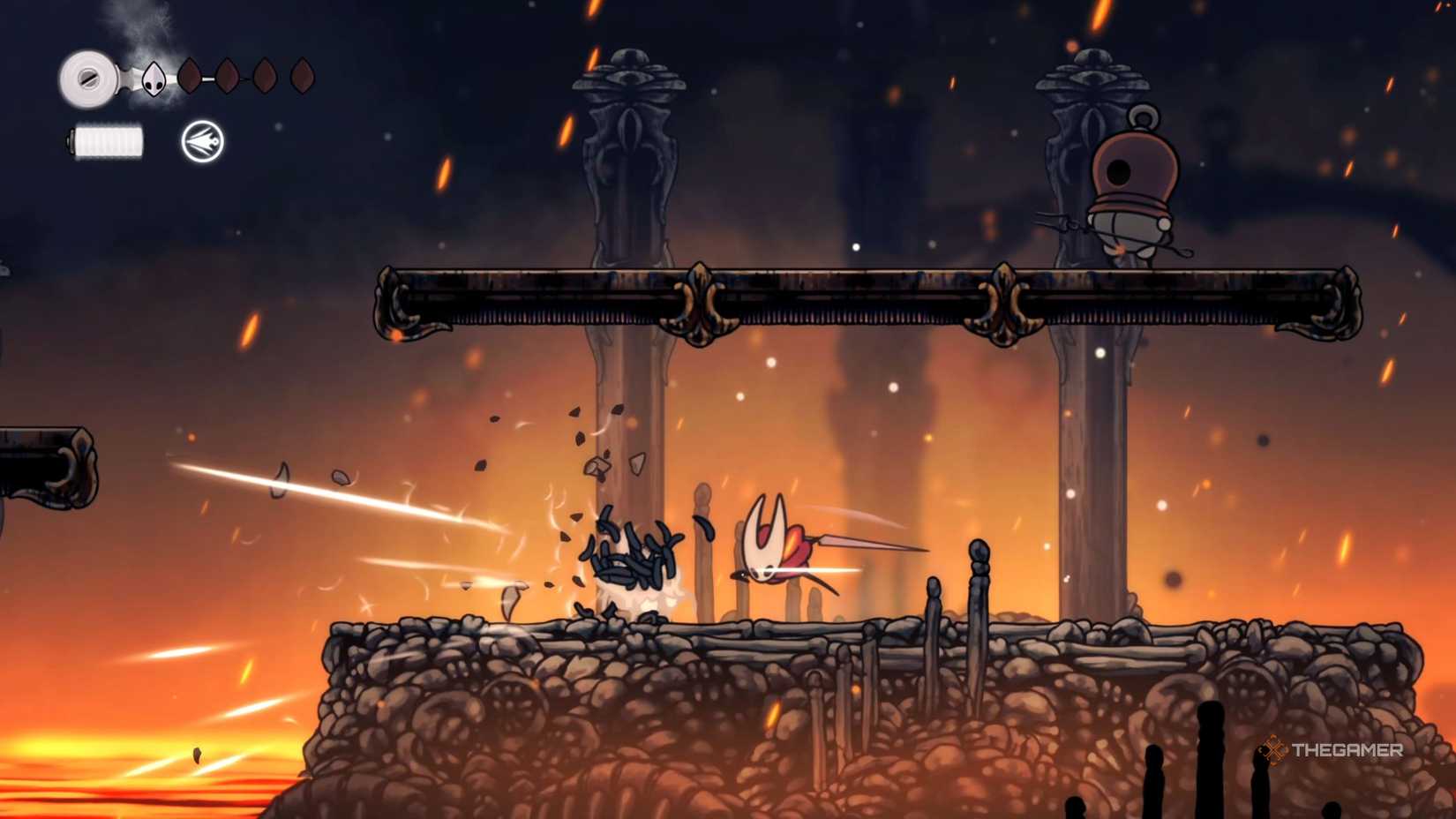 Hollow Knight Silksong Hornet in deep docks biome.