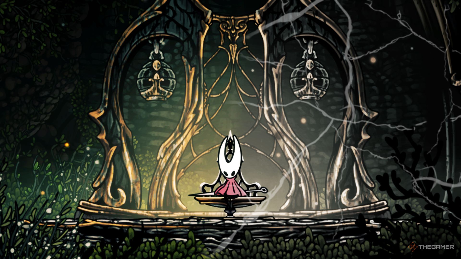 Hollow Knight Silksong hornet sat on a bench as the scenery begins to fade and crack.