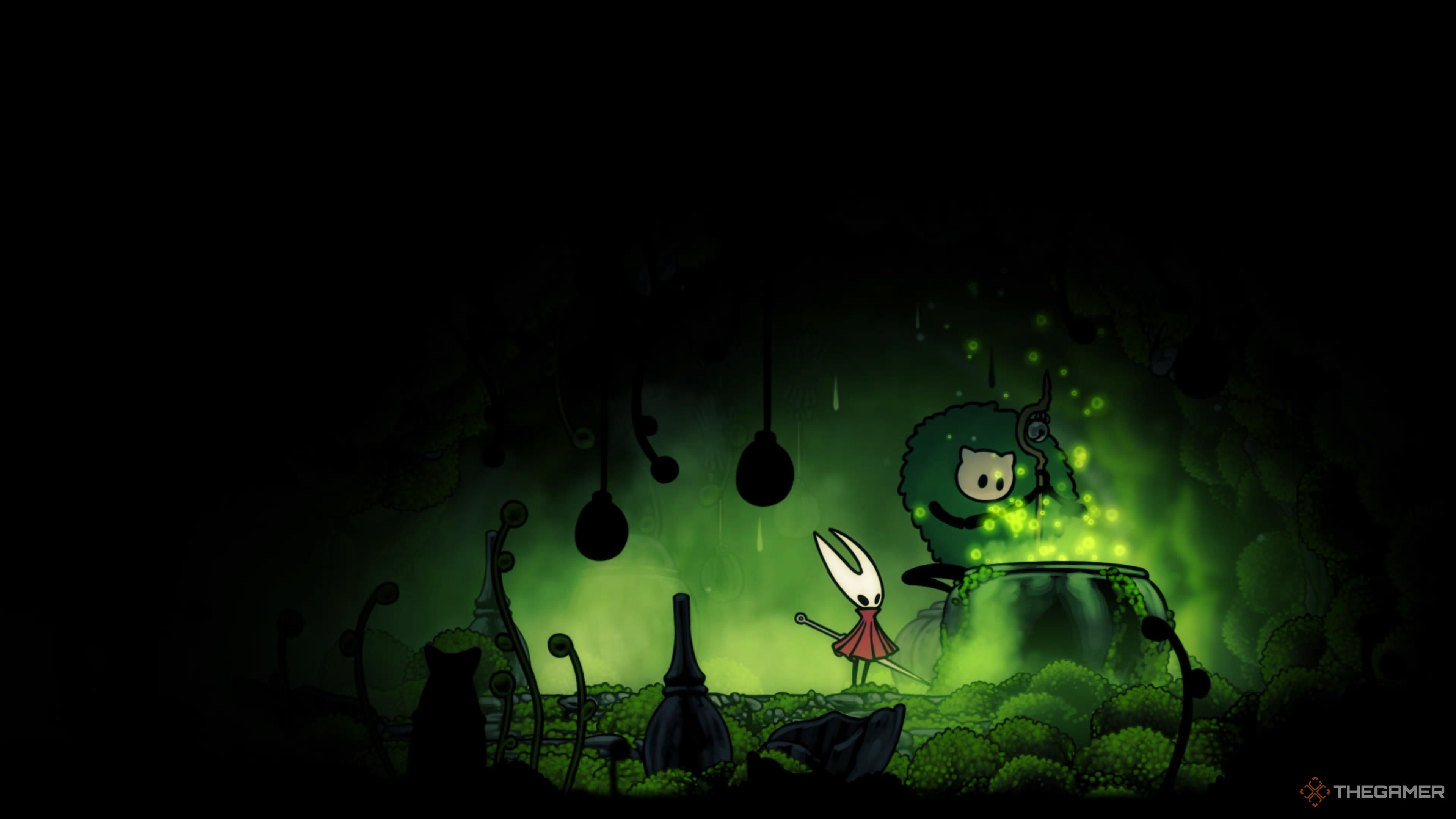 Hornet next to the Moss Druid while she's preparing a potion in Hollow Knight: Silksong.