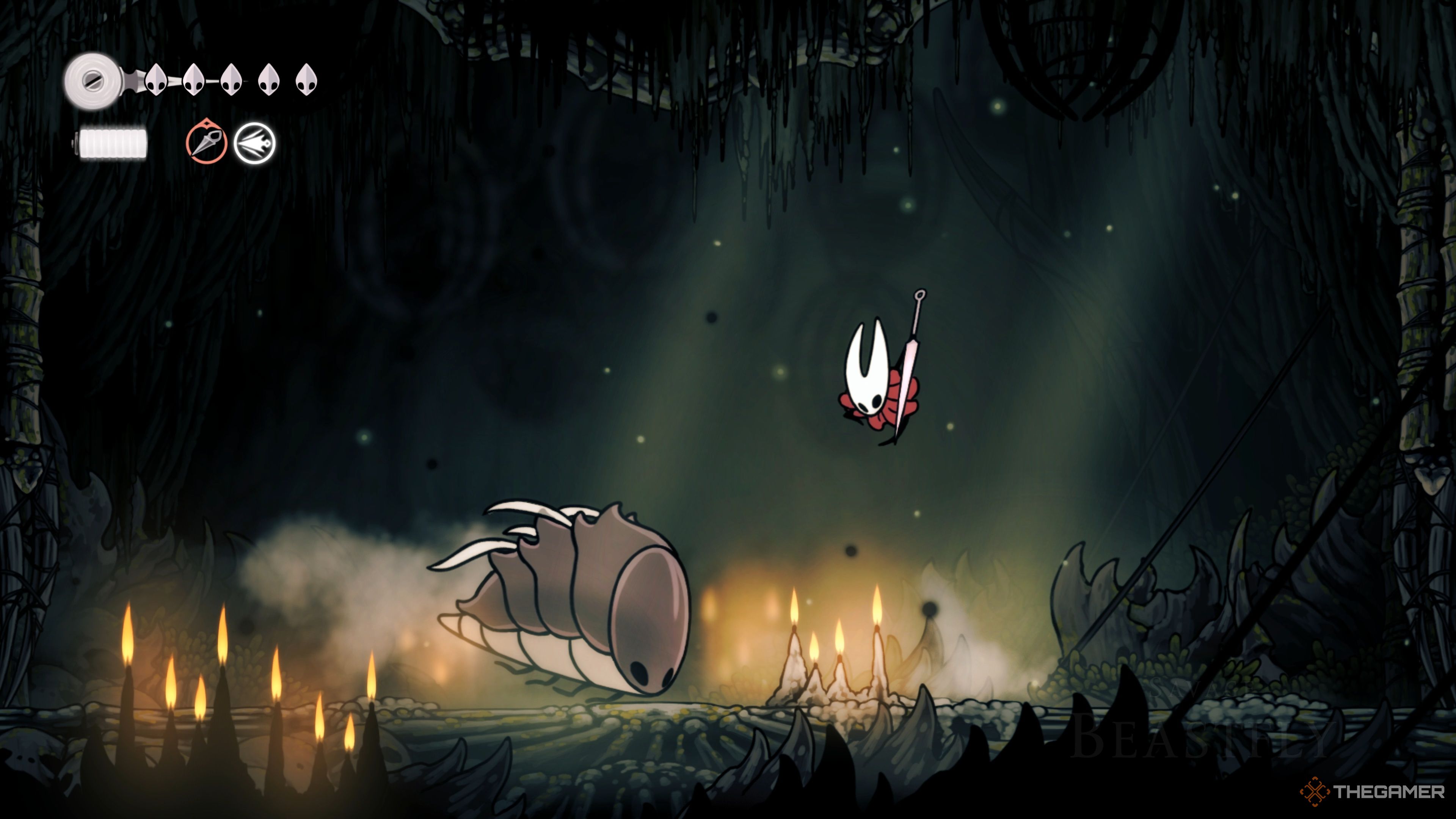 Hornet leaping over a charging Savage Beastfly as it dashes across the bottom of the arena in Hollow Knight: Silksong.