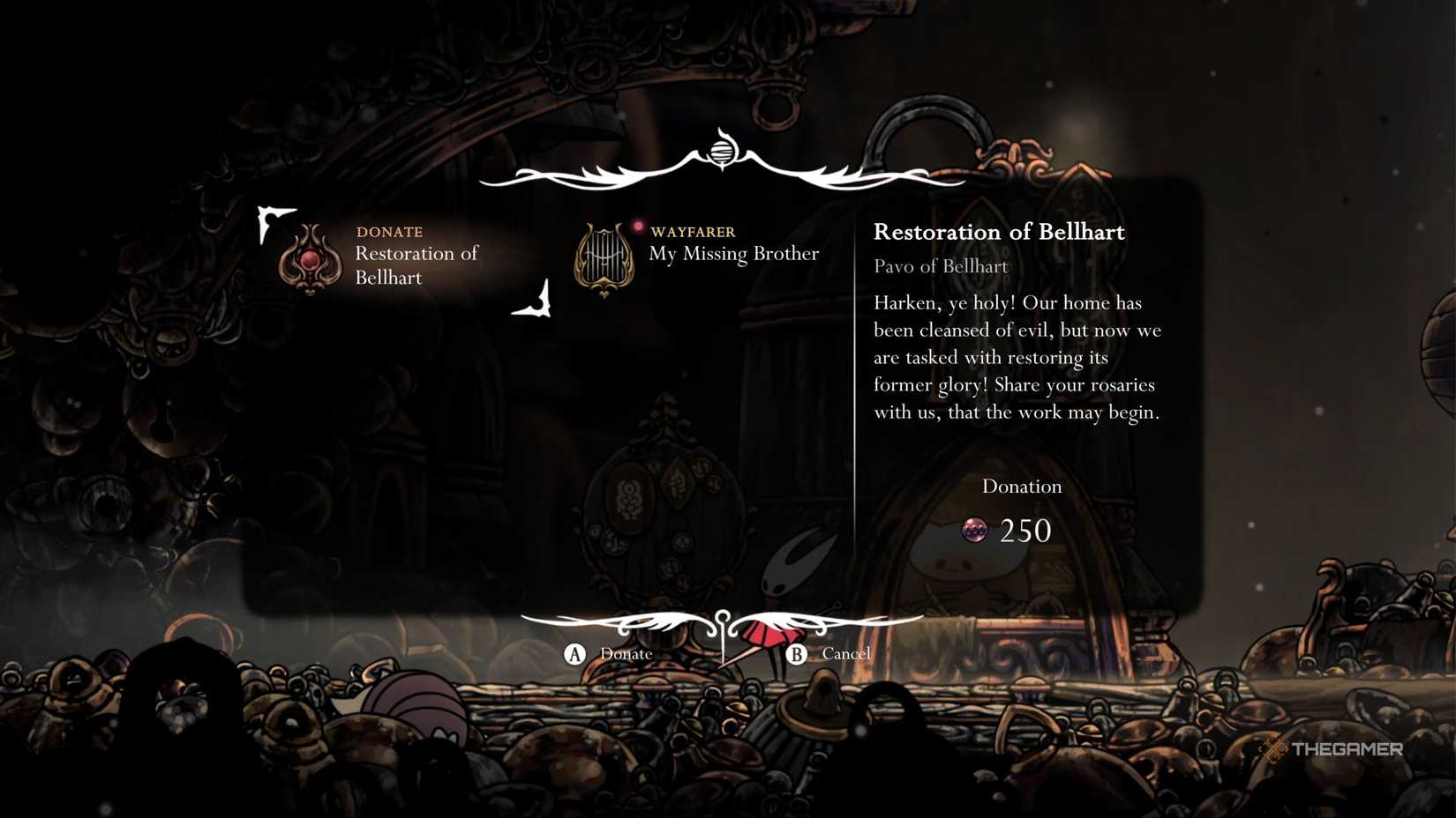 Hollow Knight Silksong BellHart take the missing brother quest.