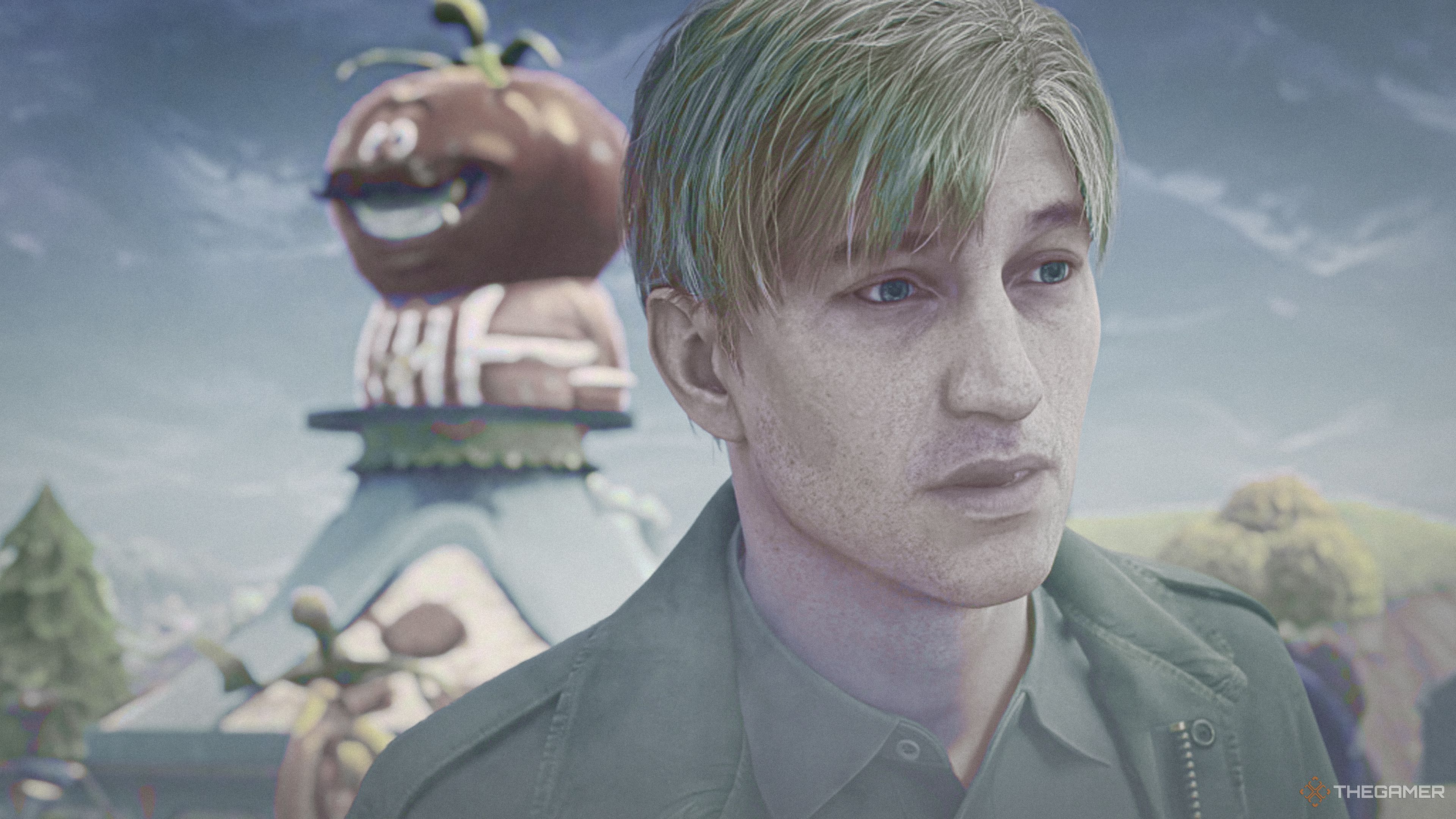 James Sunderland from Silent Hill 2 Remake in a foggy Tomato Town from Fortnite.