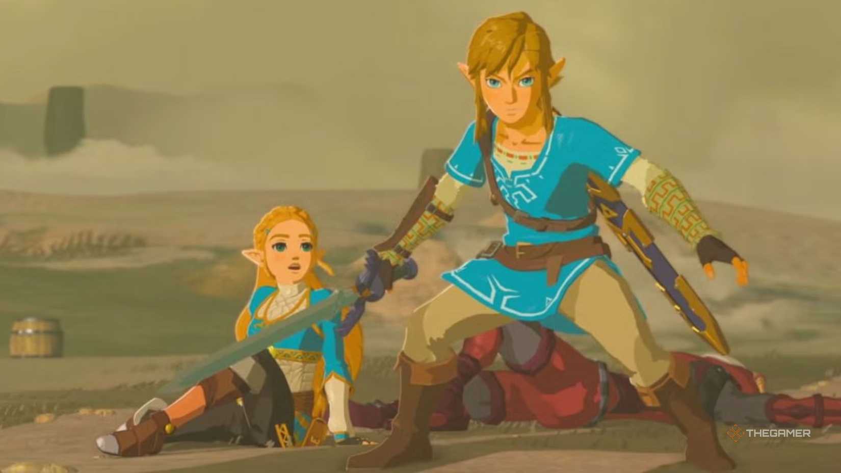 Link stands protectively in front of Zelda in Legend of Zelda Breath of the Wild.
