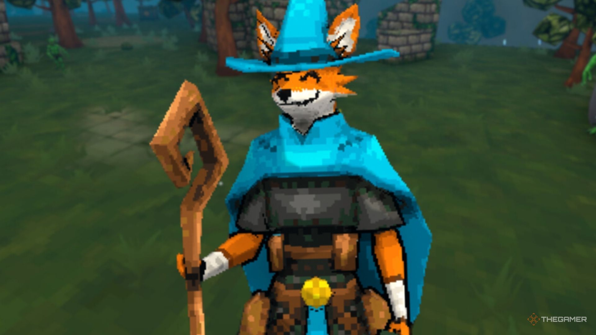 Megabonk character with staff in front of the map.