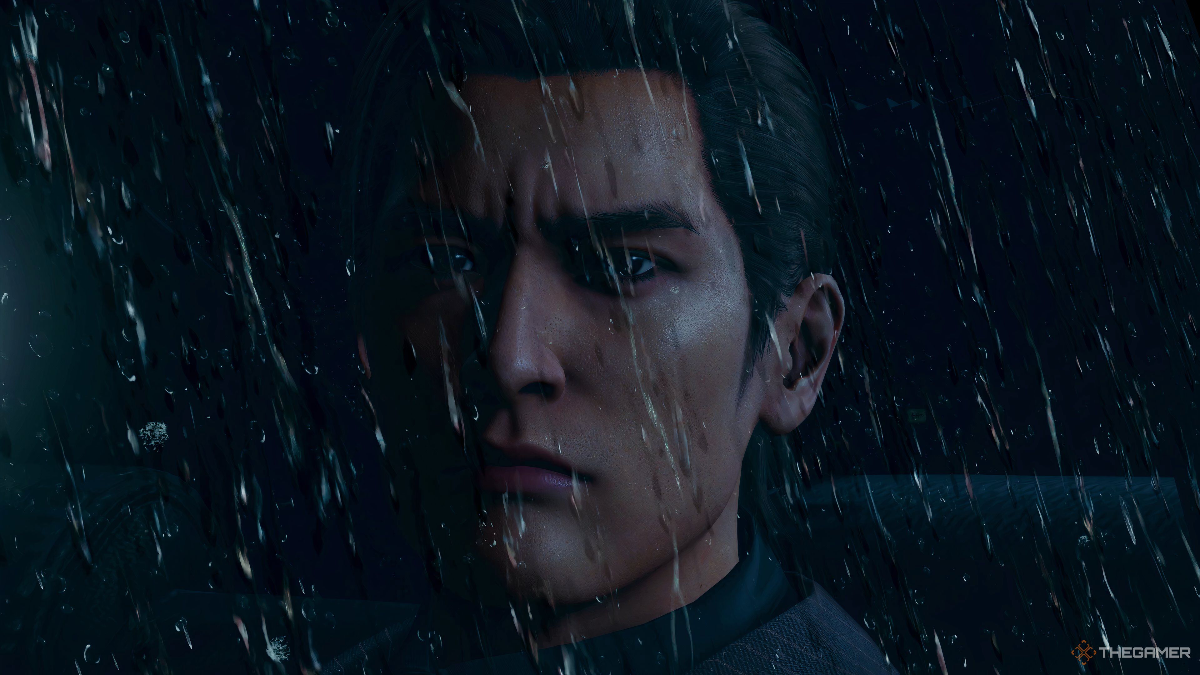 Yoshitaka Mine em uma cena chuvosa de Dark Ties, sugerindo o tom sombrio da história.