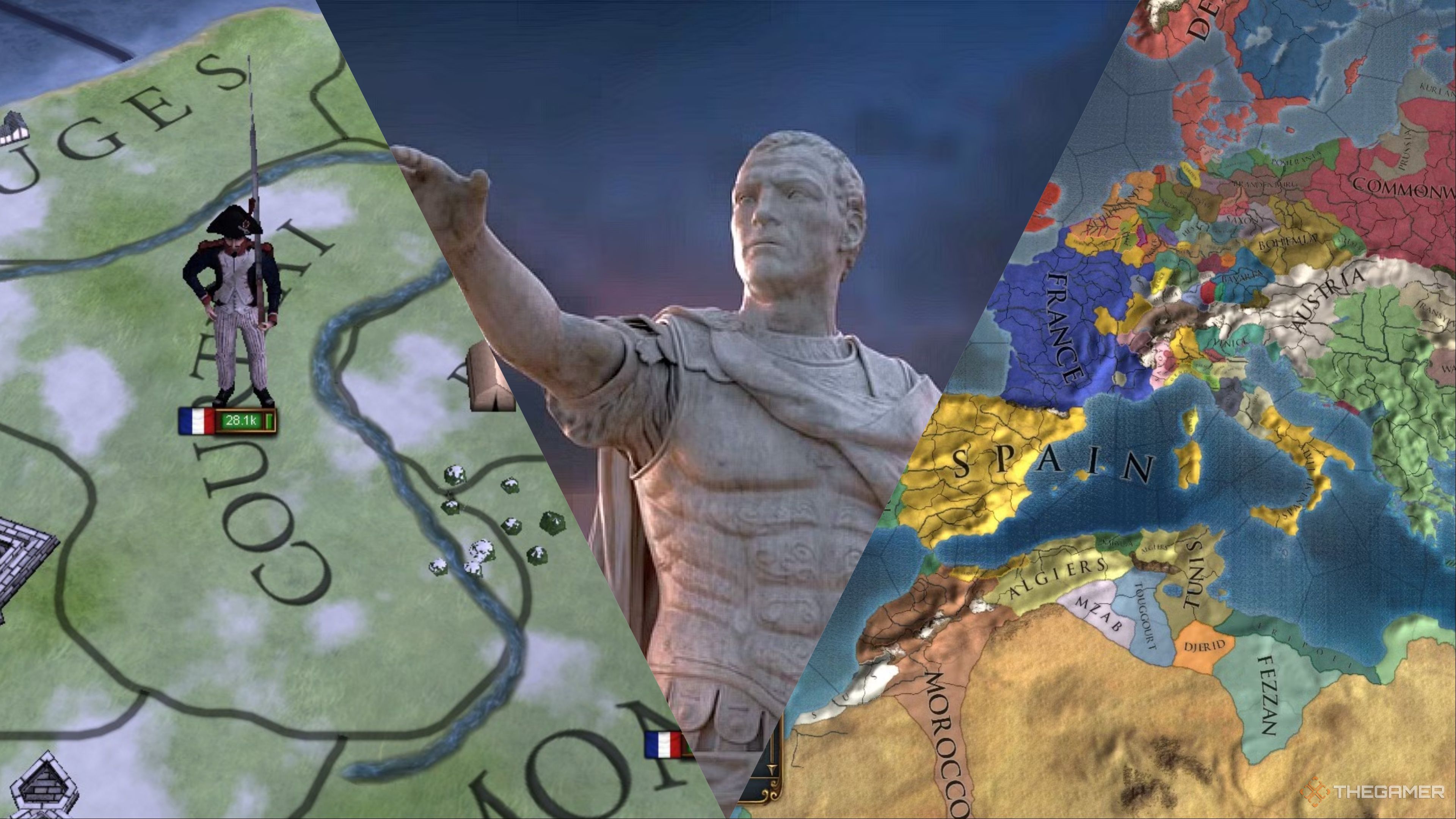 A soldier standing in March of the Eagles, a statue from Imperator: Rome, an the larger map in Europa Universalis 4, left to right.