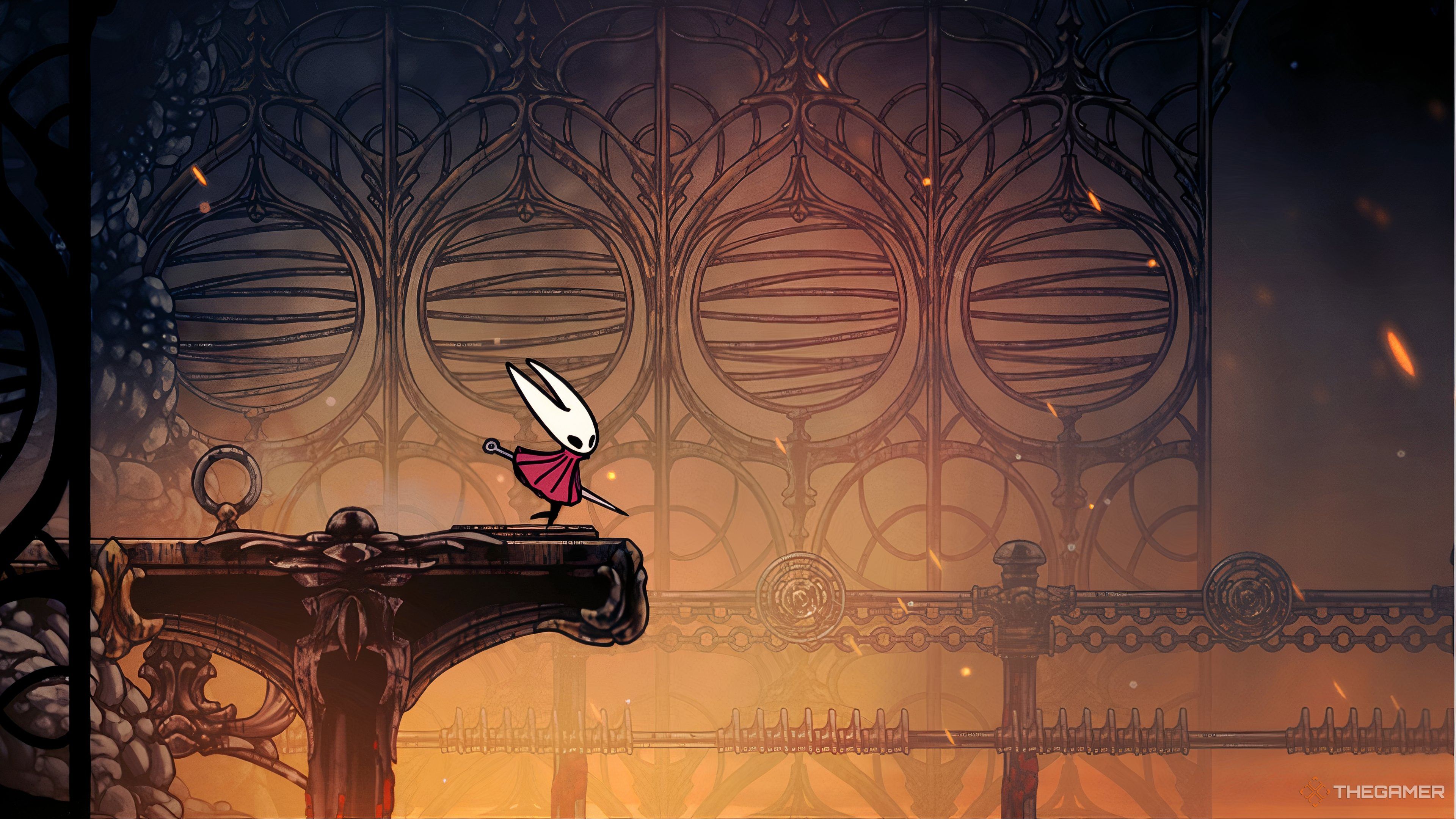 Hornet uses the special platform shortcut in the Marrow as embers fall in Hollow Knight: Silksong.