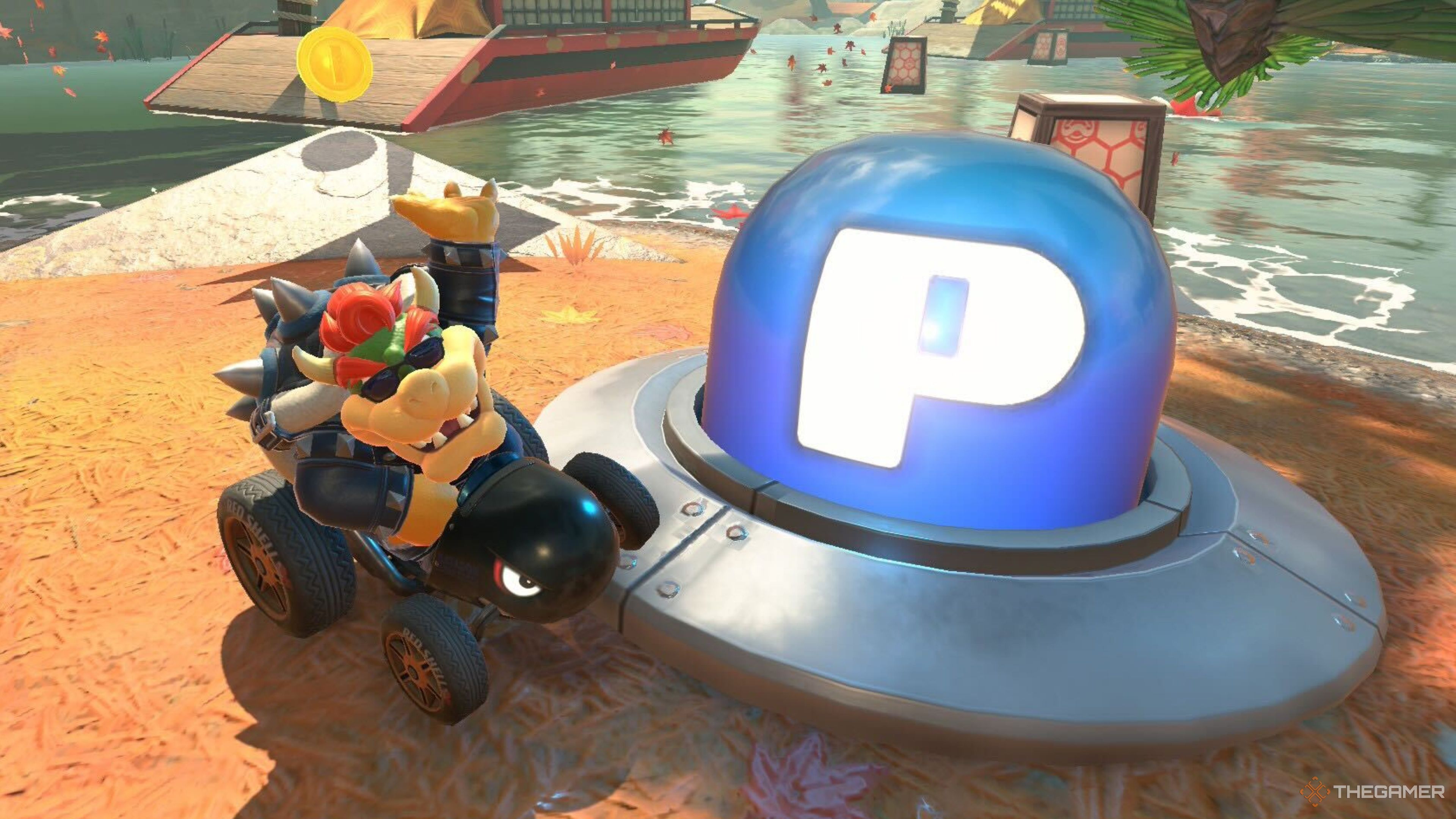 bowser next to a p switch in mario kart world.