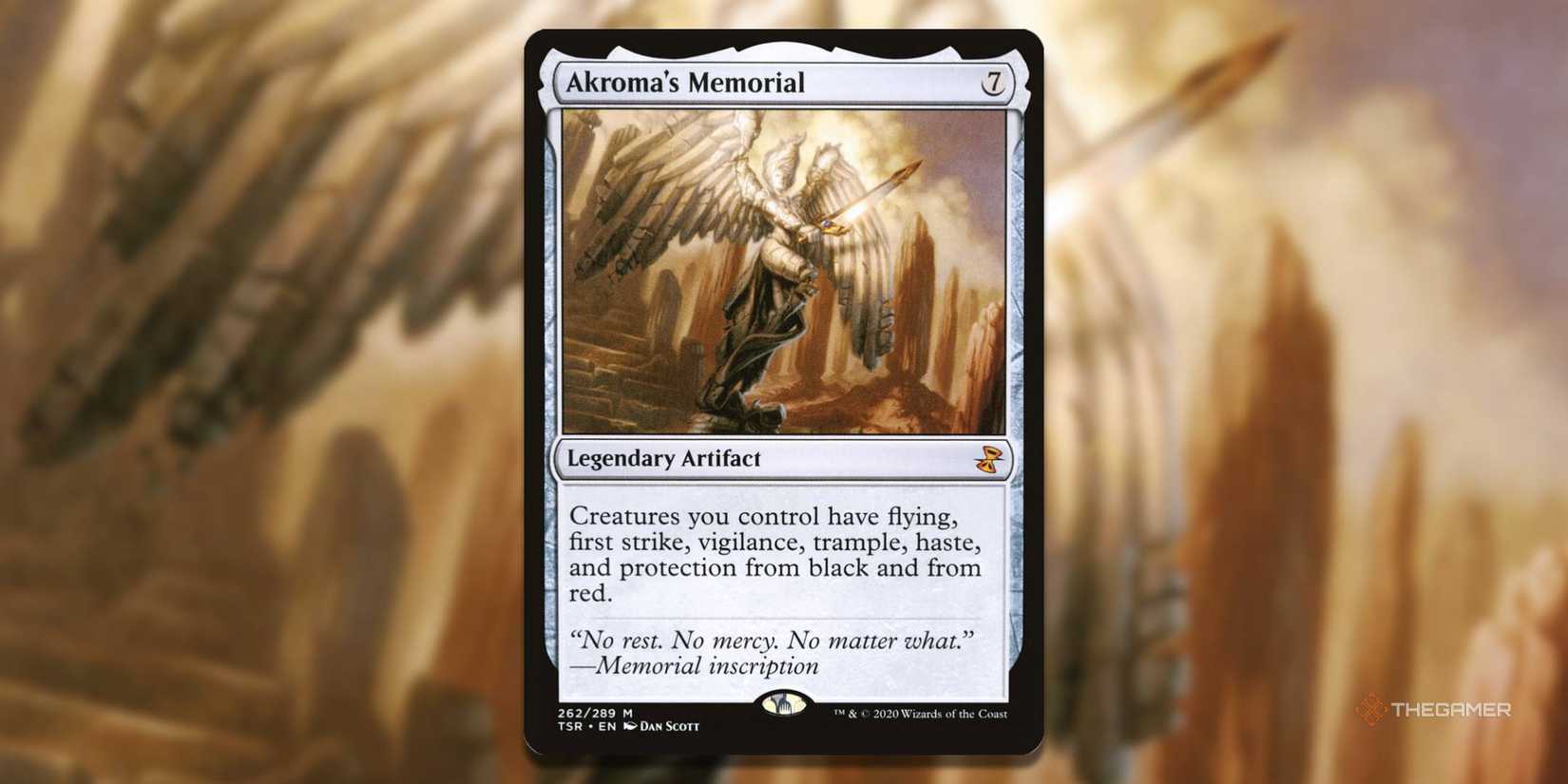 A commemorative card of MTG AKROMA with art in the background.