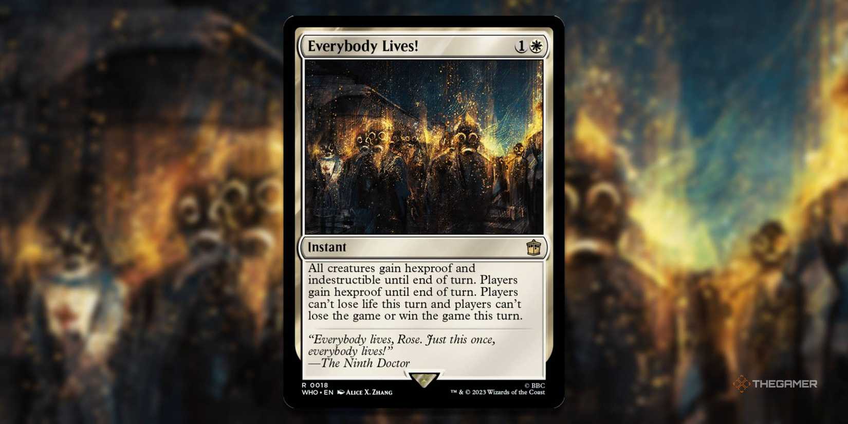 MTG everyone lives! Card with art in the background.