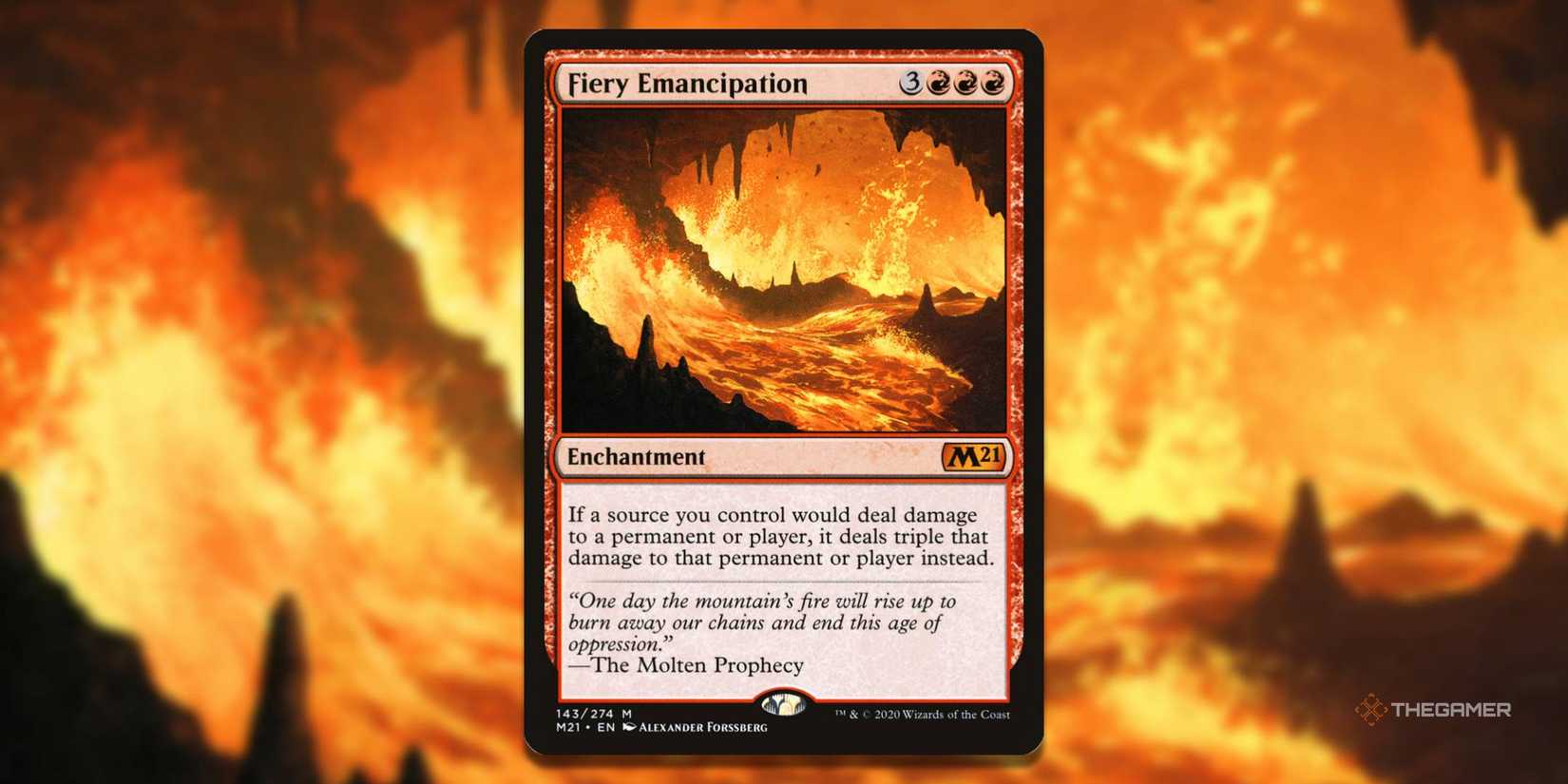 A MTG Fire Liberation Card with Art in the background.