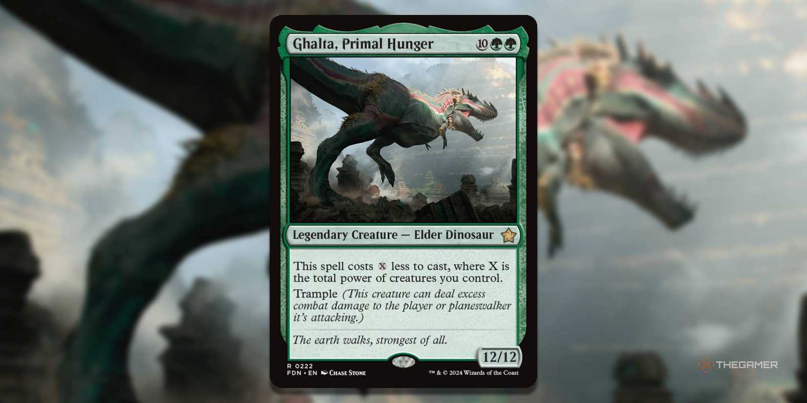 Mtg Ghalta, Primal Hunger Card with the art in the background.