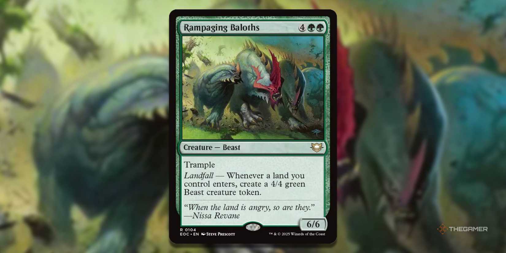 MTG Rampaging Baloths card with the art in the background.
