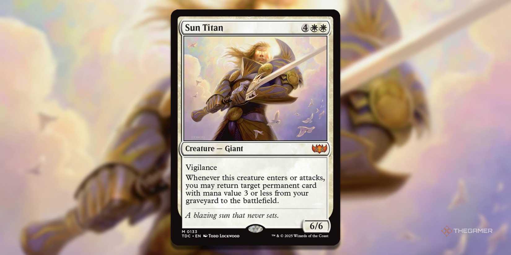 Mtg Sun Titan card with the art in the background.