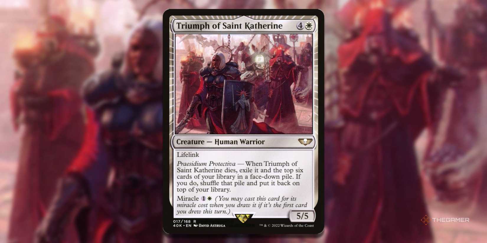 MTG Triumpg of St. Catherine Card with art in the background.