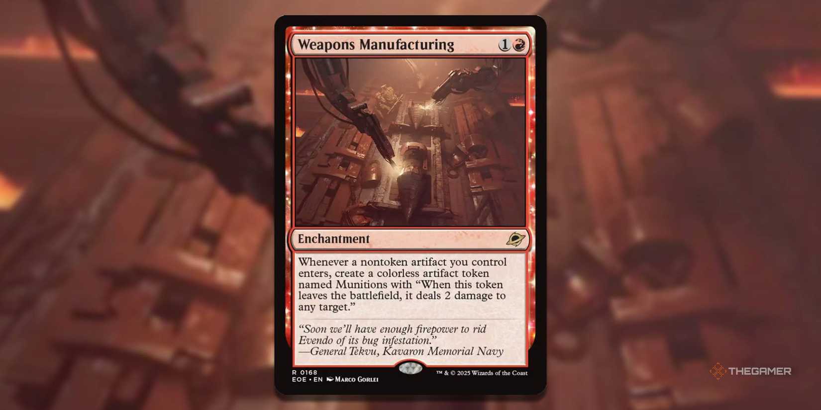 MTG weapon manufacturing card with art in the background.
