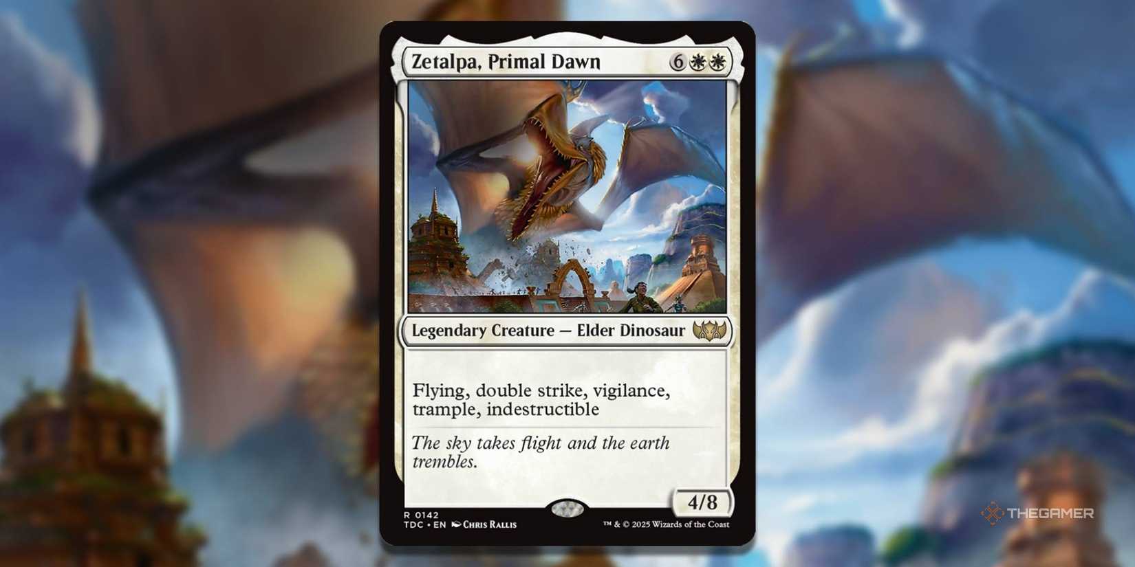MTG Zetalpa, Primal Dawn -card with the art in the background.