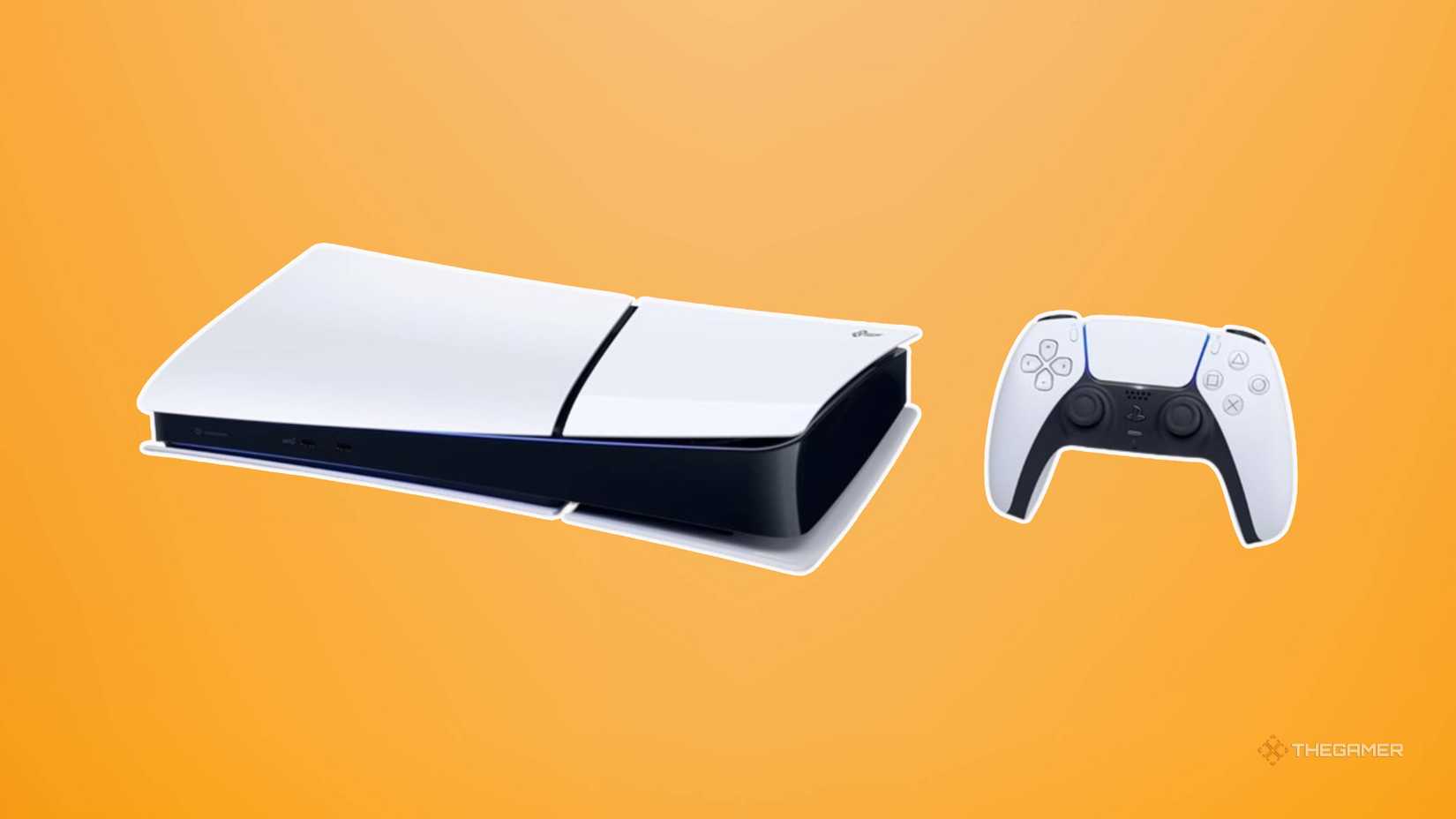 slim ps5 and dualsense on orange background.