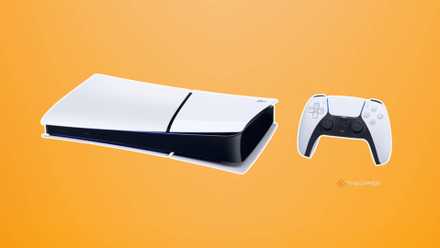 Slim ps5 and dualsense on orange background.