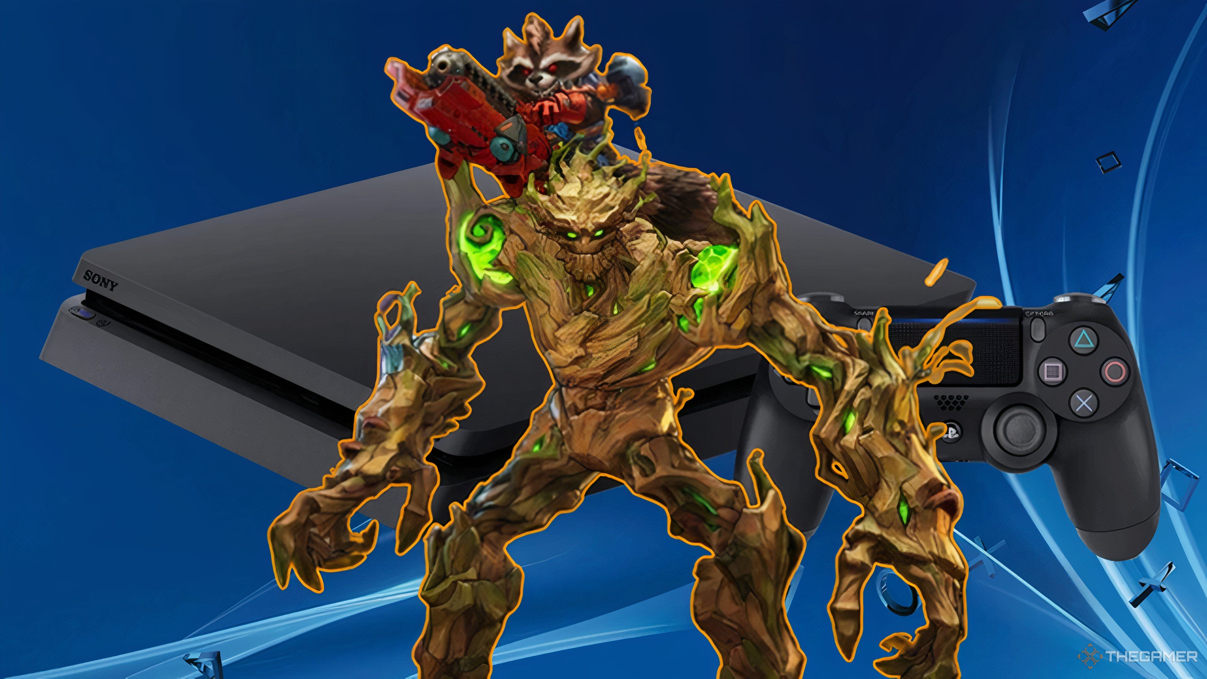 rocket and groot from marvel rivals in front of a ps4.