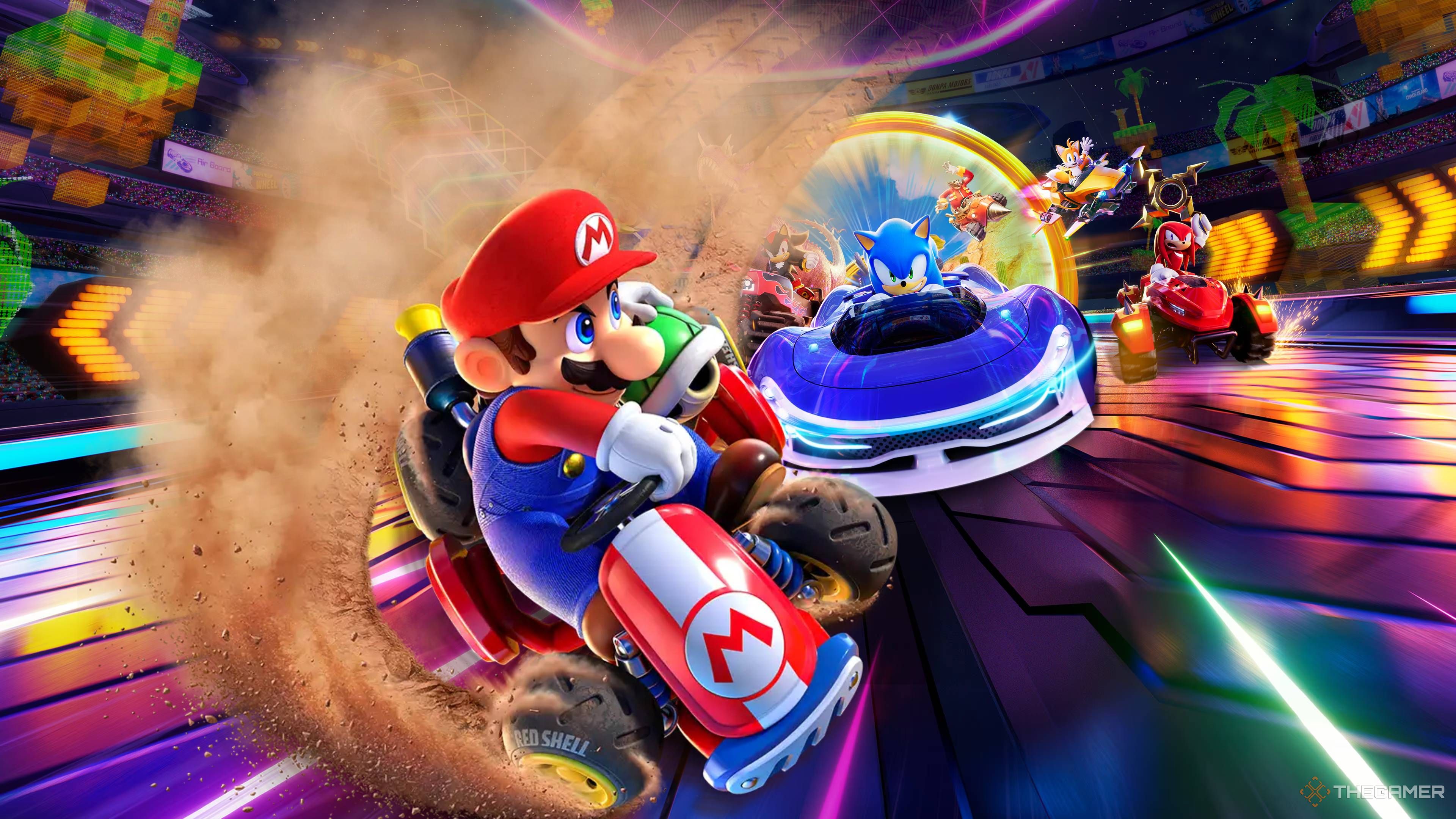 mario kart dodging sonic and other characters in sonic racing crossworlds.