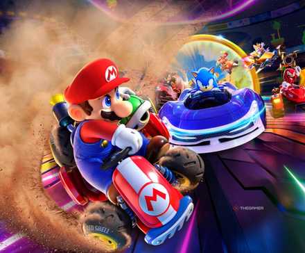 mario kart swerving in front of sonic and other characters in sonic racing crossworlds.