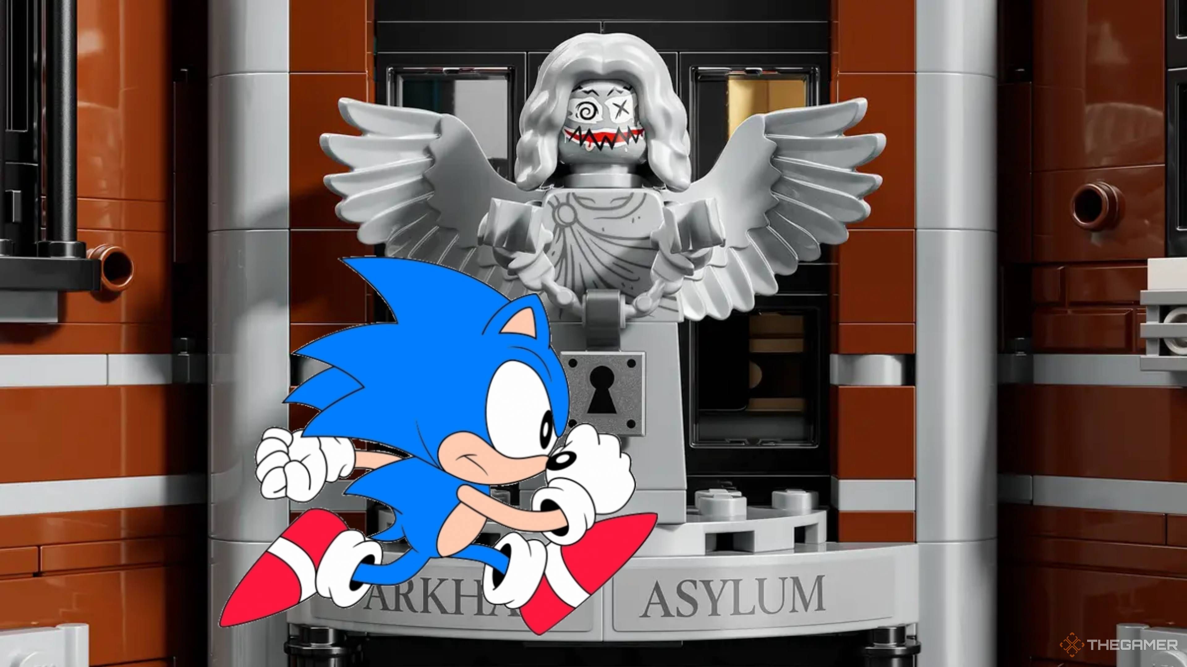 sonic running past a lego arkham asylum statue.