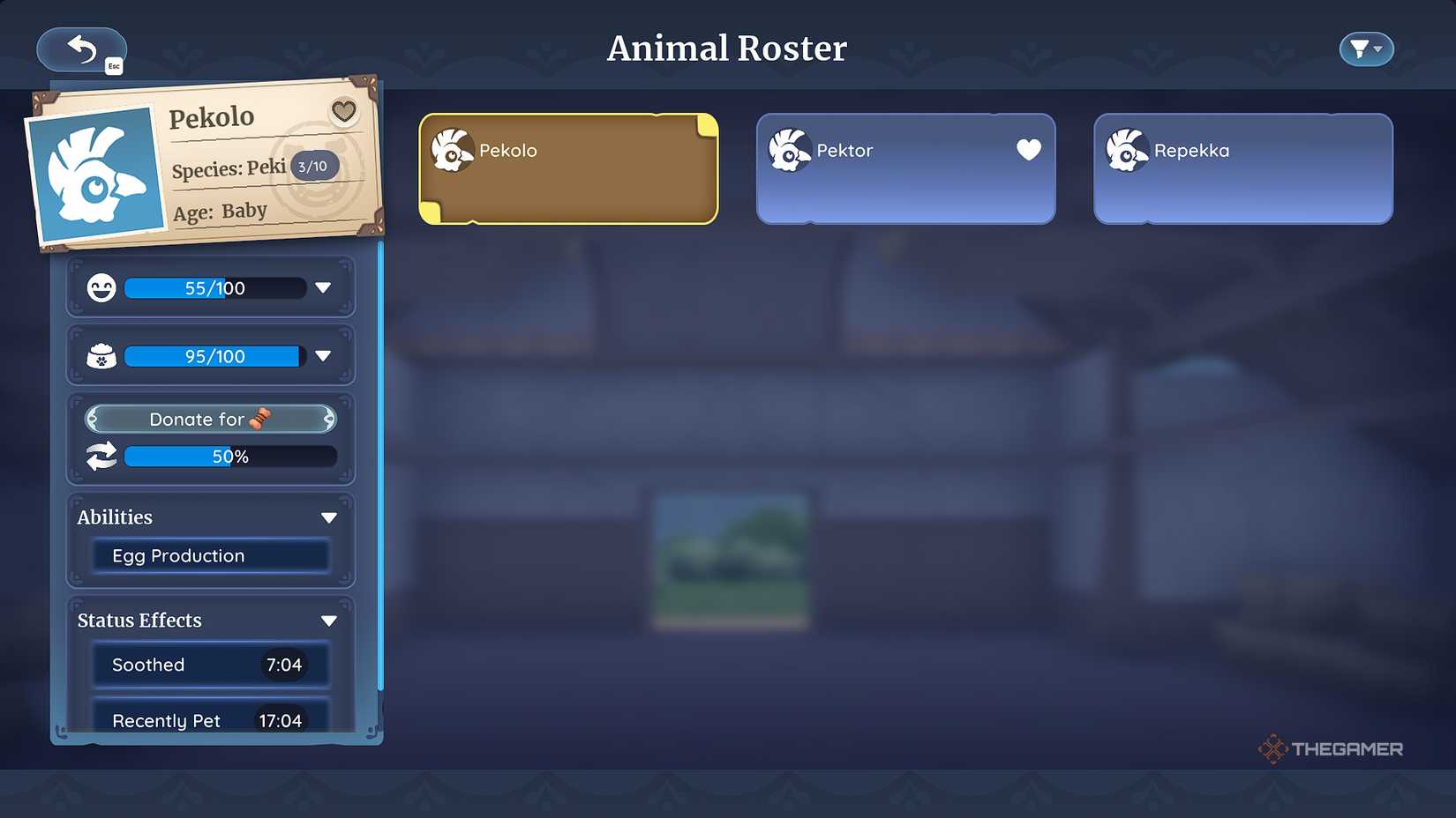 Menu roster Palia Animal, mencantumkan tiga ekor ayam Peki.