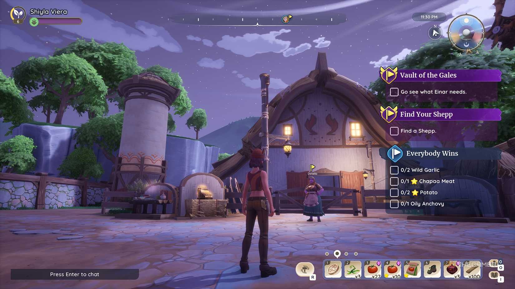 Palia Delilah dan manusia di Peternakan saat senja.