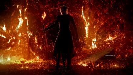 A character standing still while the forest around her burns in a Path of Exile 2 cutscene.