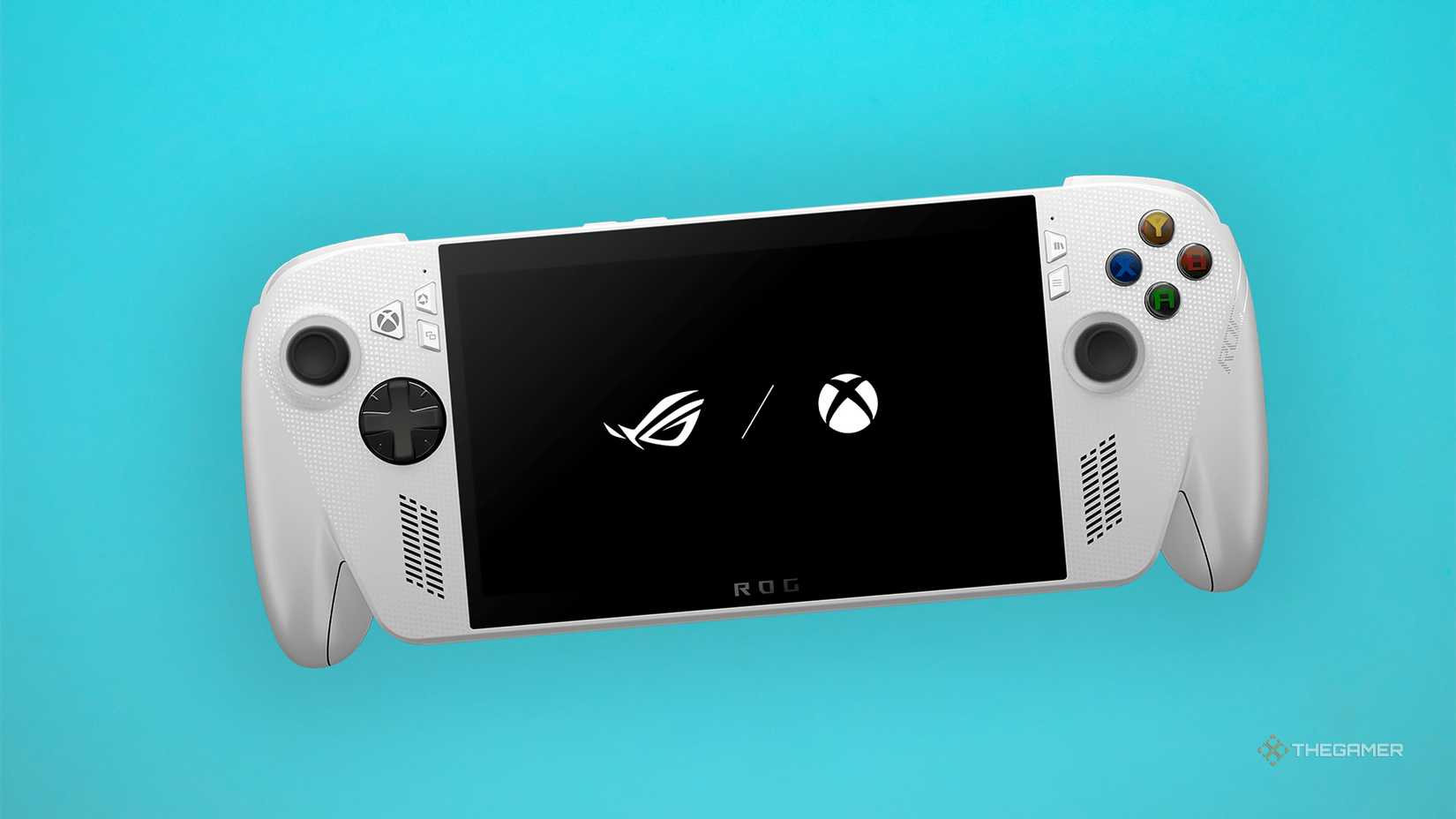 ROG Xbox Ally over a blue background.