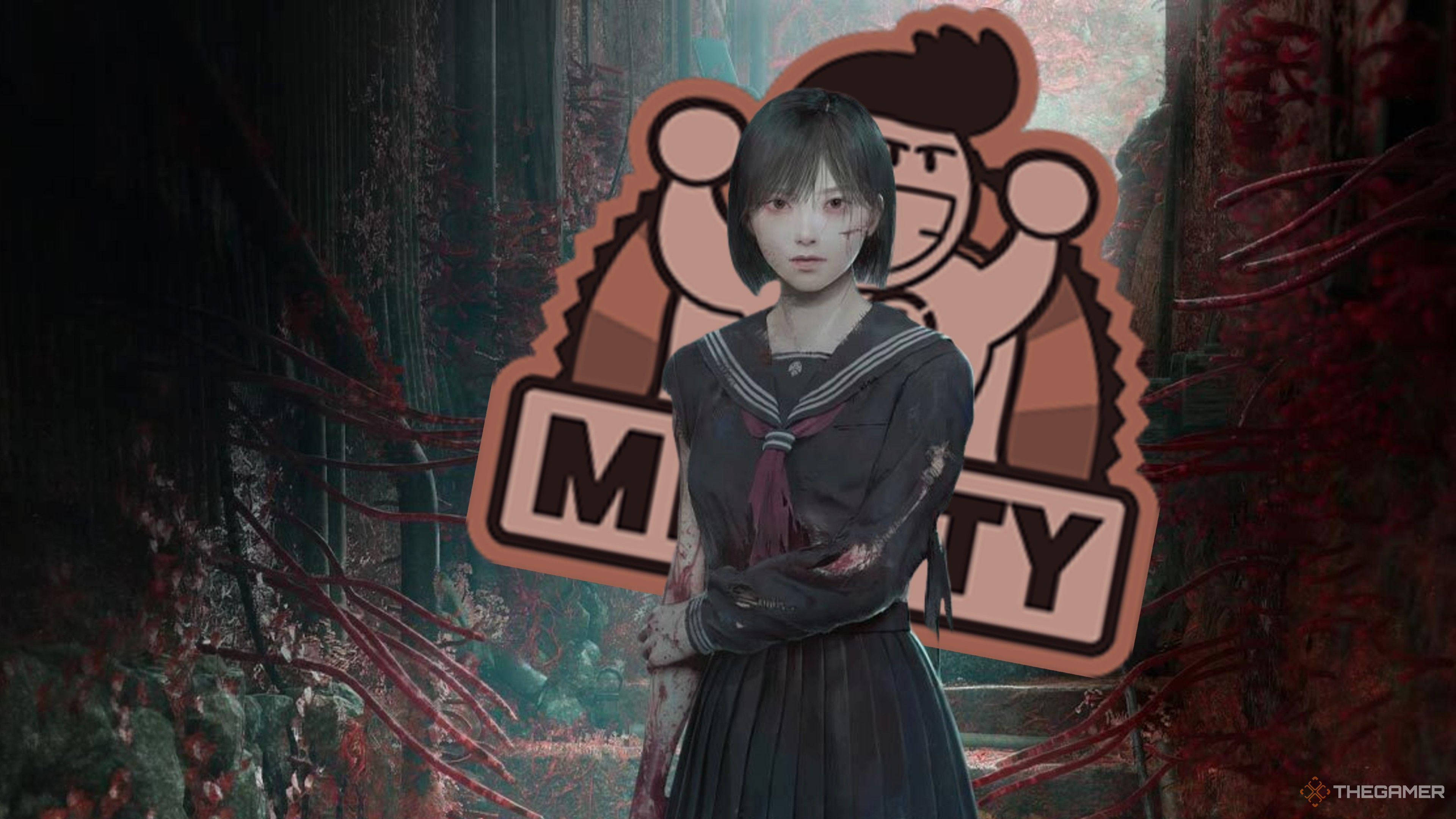silent hill f lead character standing in front of a mighty opencritic review badge.