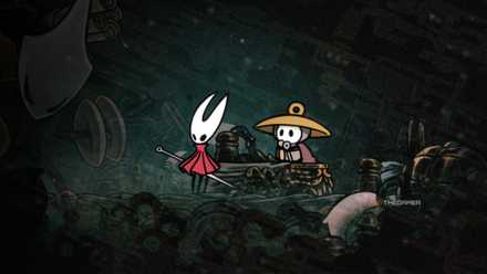 Silksong Hornet and Sherma in darkness with map surrounding them.