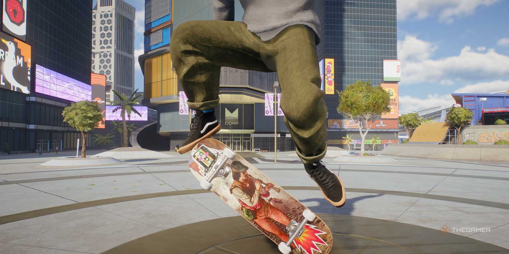 A skate figure makes a kickflip with a bard design on board the deck.