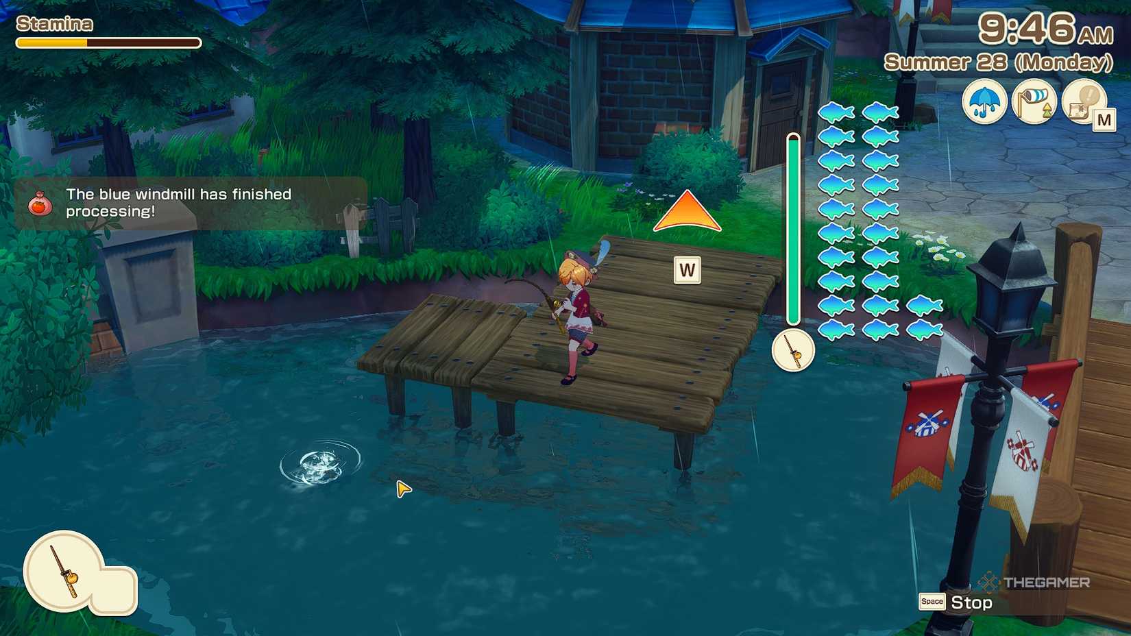 Fishing in the rain at the town river dock for a Guardian fish.