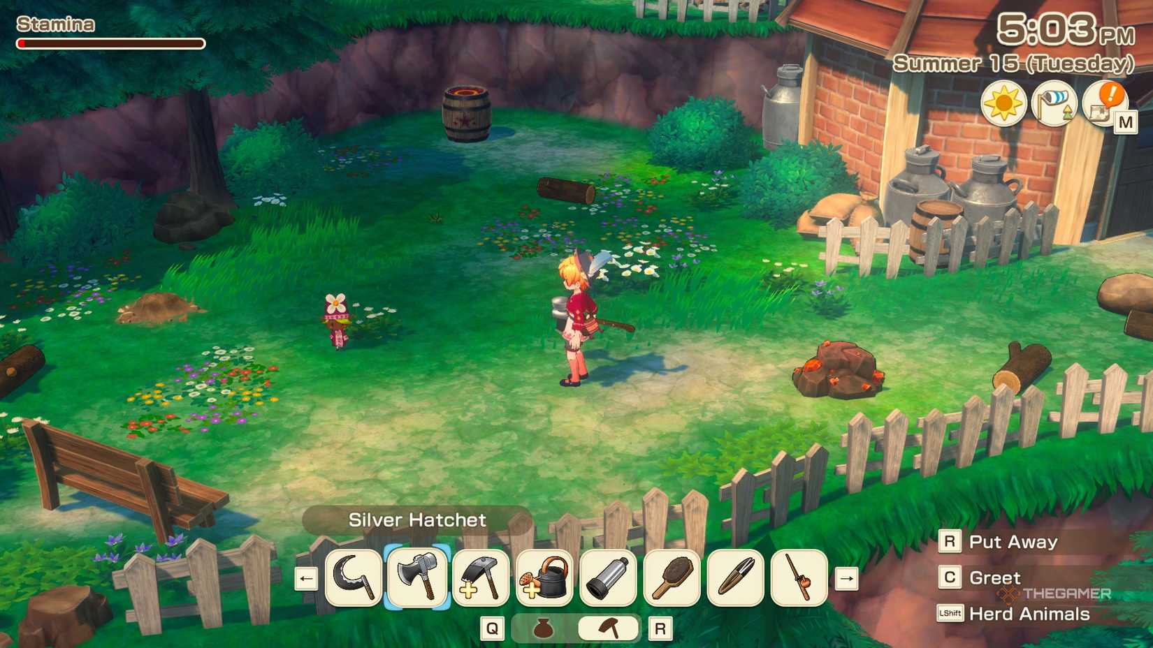 STORY OF SEASONS Grand Bazaar The farmer by the red windmill, with Ivy the sprite in a clearing.